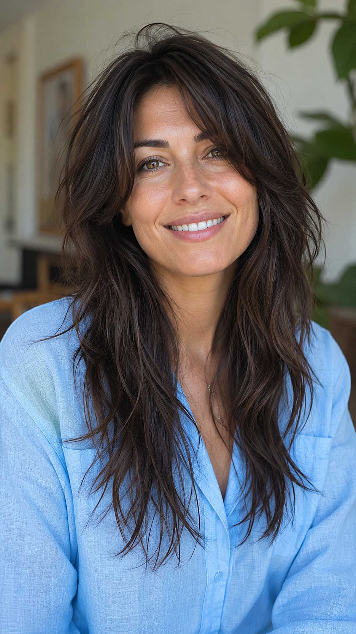 Lived-In Dark Brunette Wolf Cut with Choppy Middle Layers