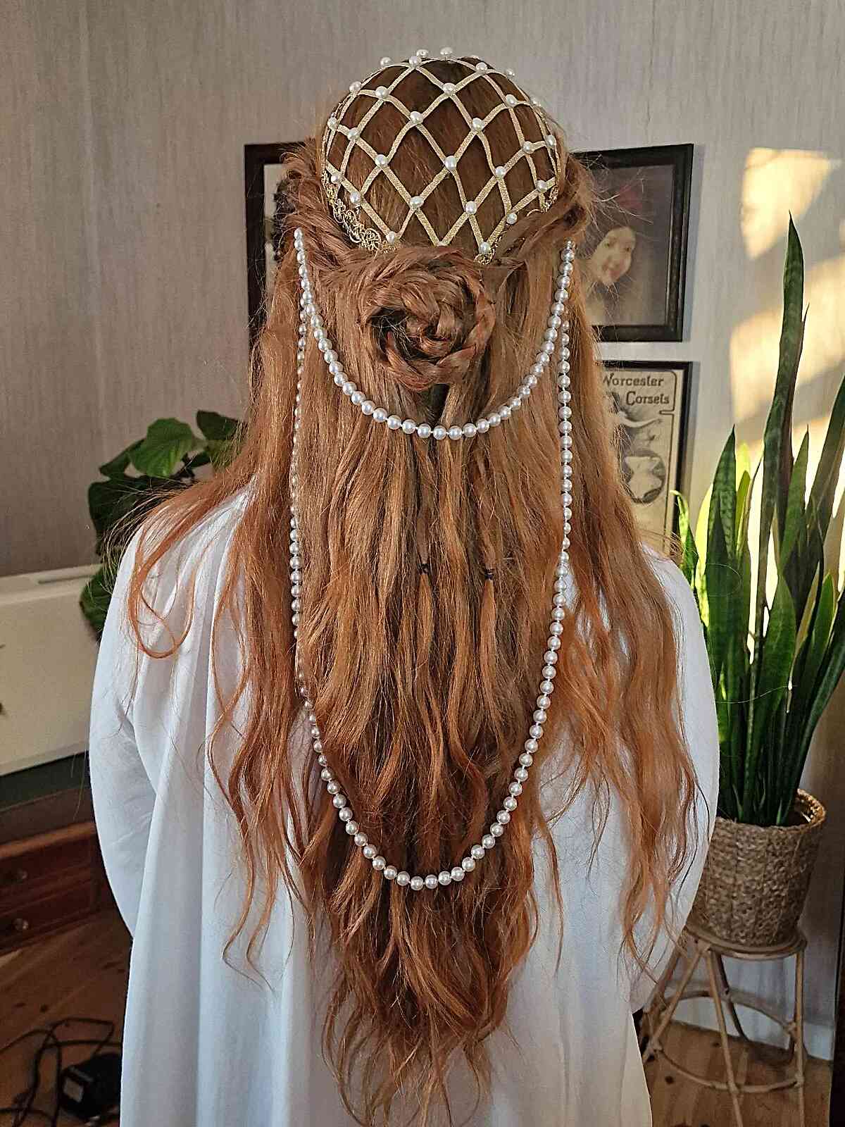 Medieval-Inspired Long Wavy Hair with Pearl Accents