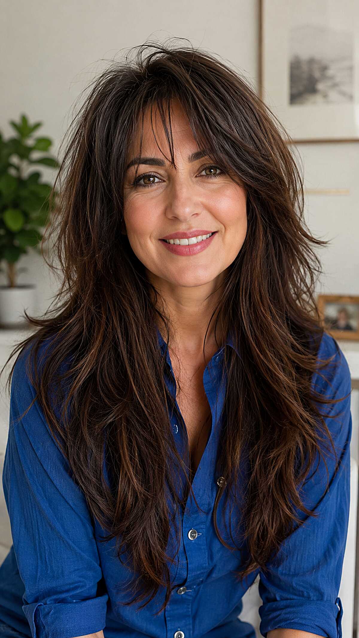 Messy Dark Brunette Wolf Cut with Heavy Interior Layering