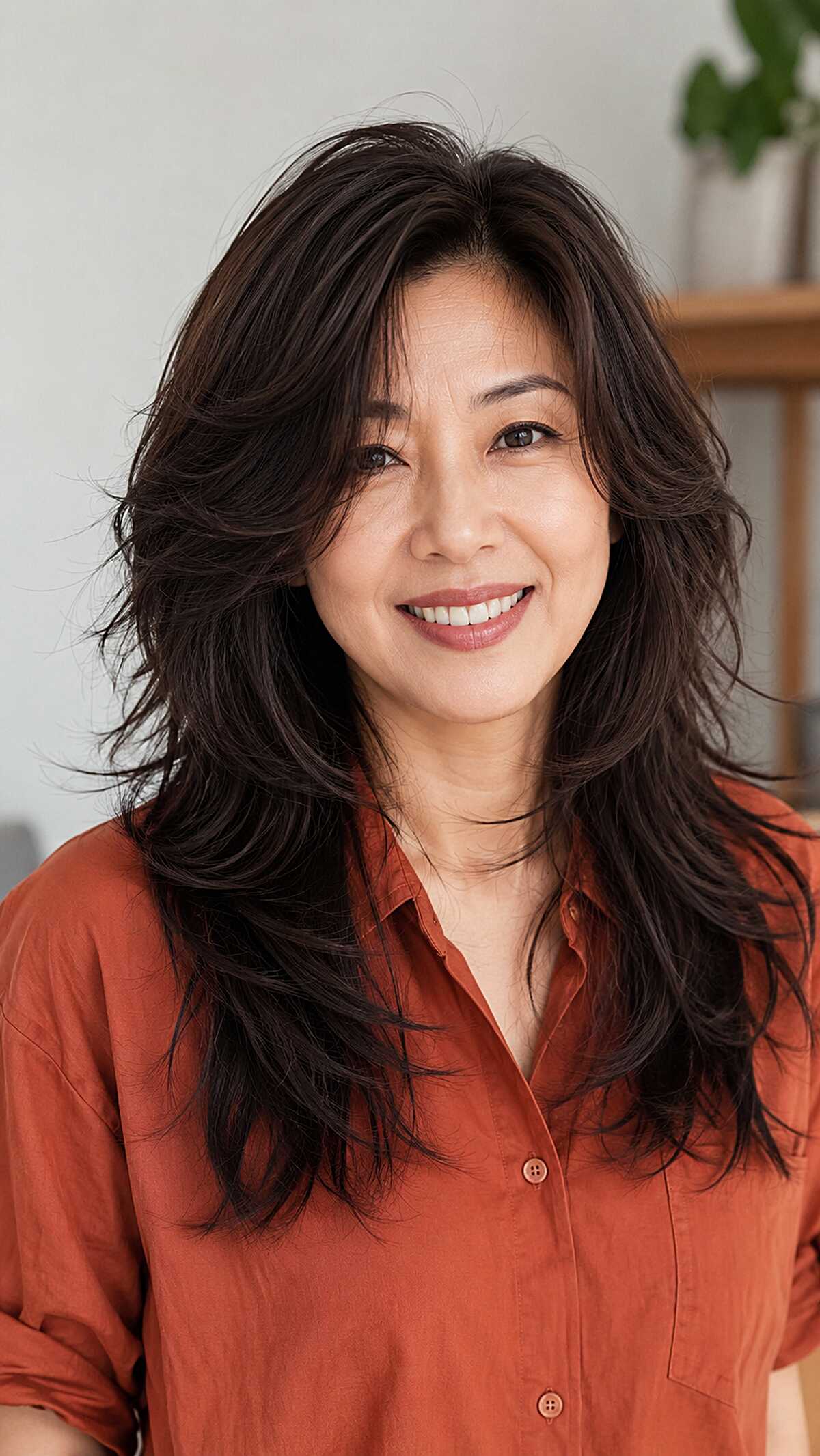Natural Dark Wolf Cut with Windswept Side-Swept Layers