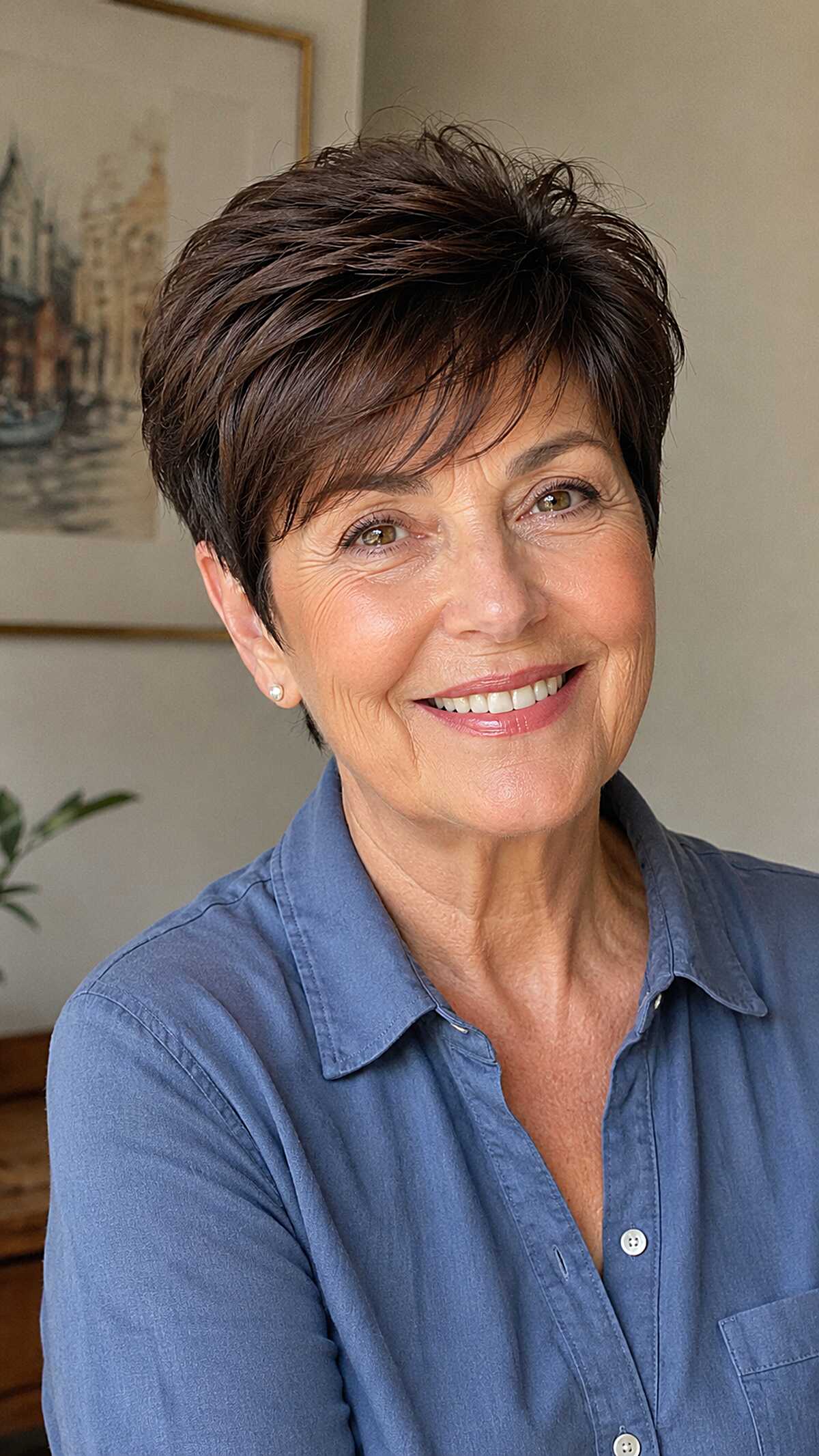 Short dark brunette pixie with tapered sides and volume