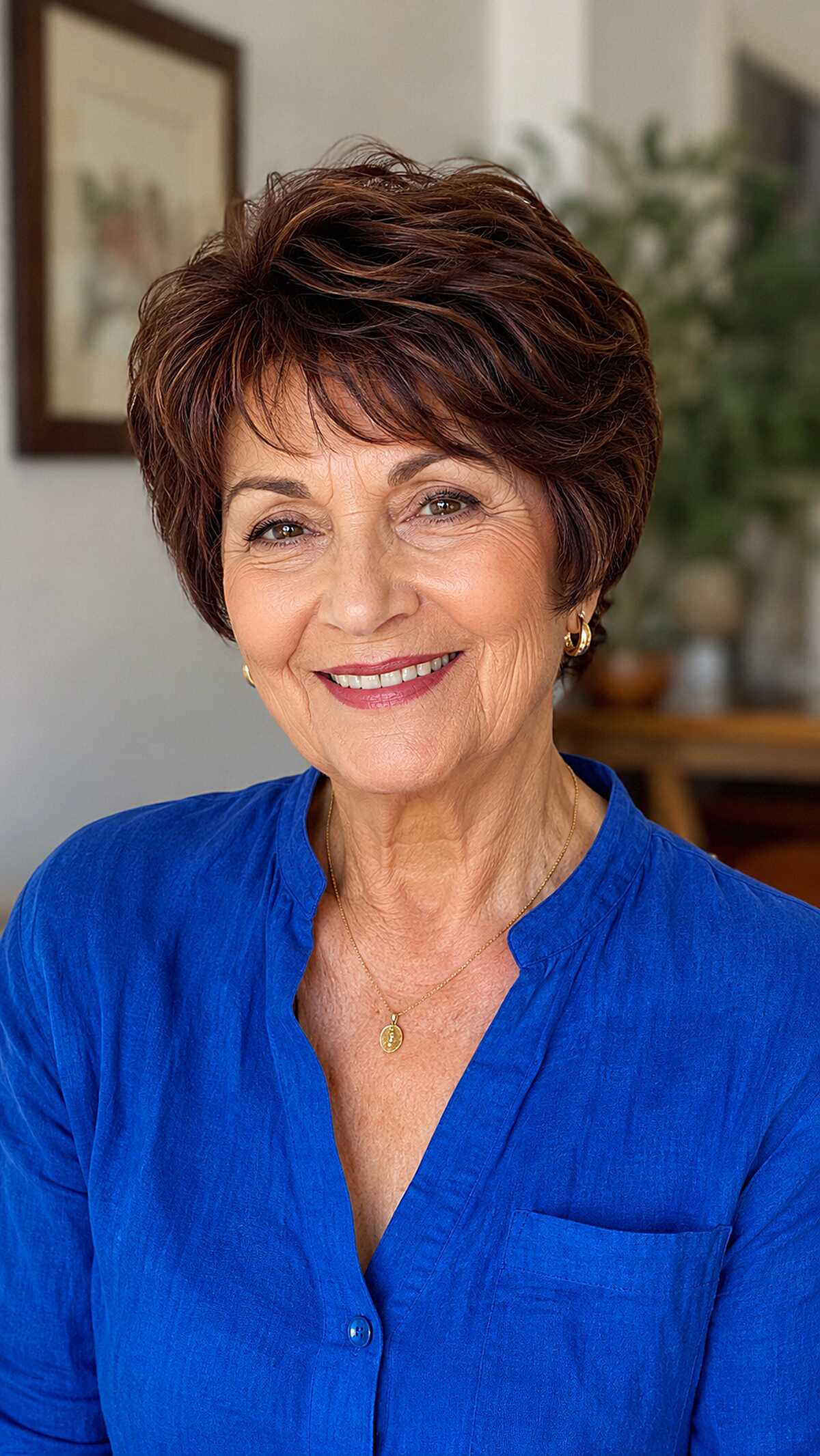 Rich Brunette Pixie with Swept Layers and Wispy Fringe