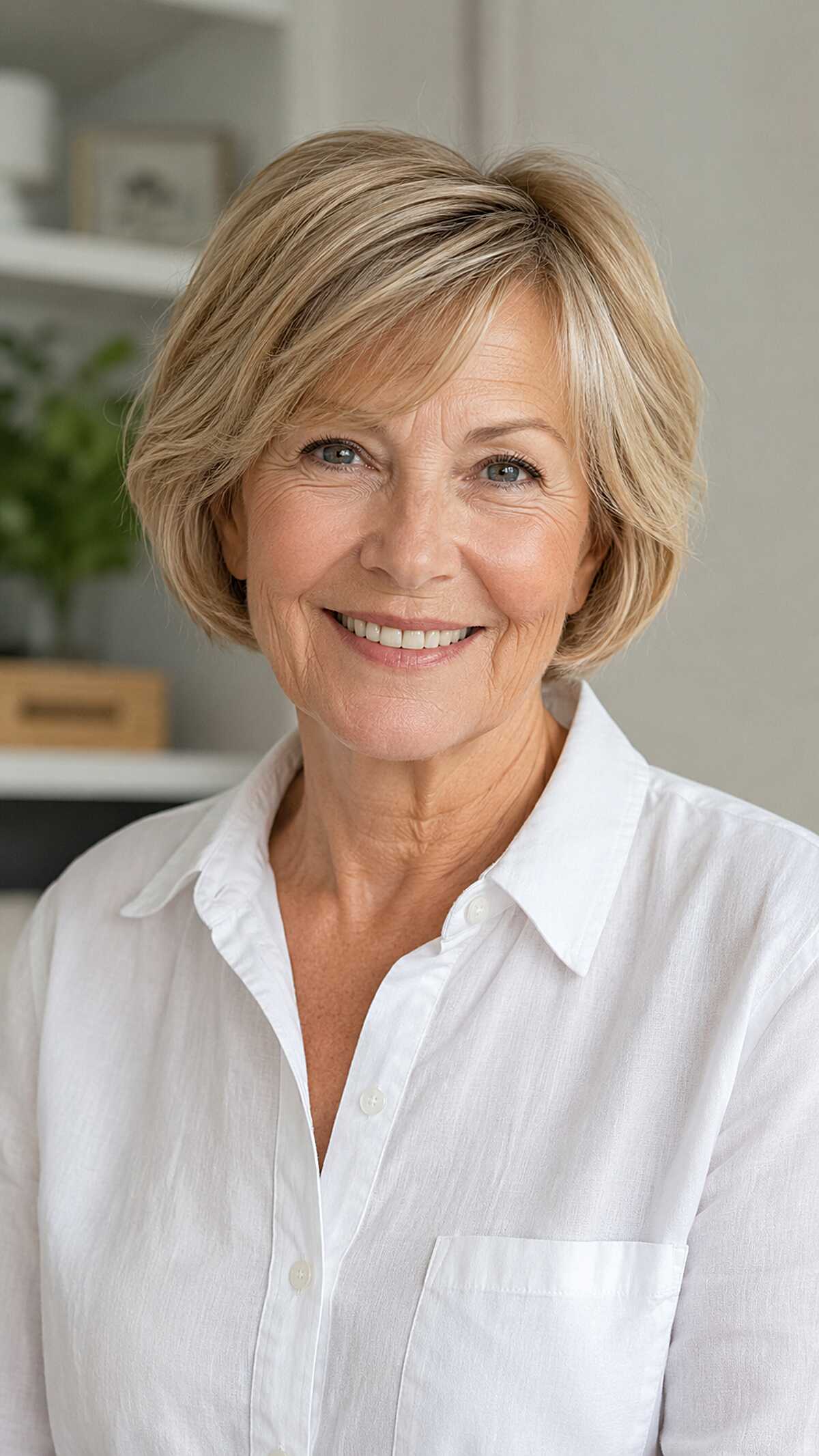 Sandy Blonde Layered Bob with Side-Swept Fringe