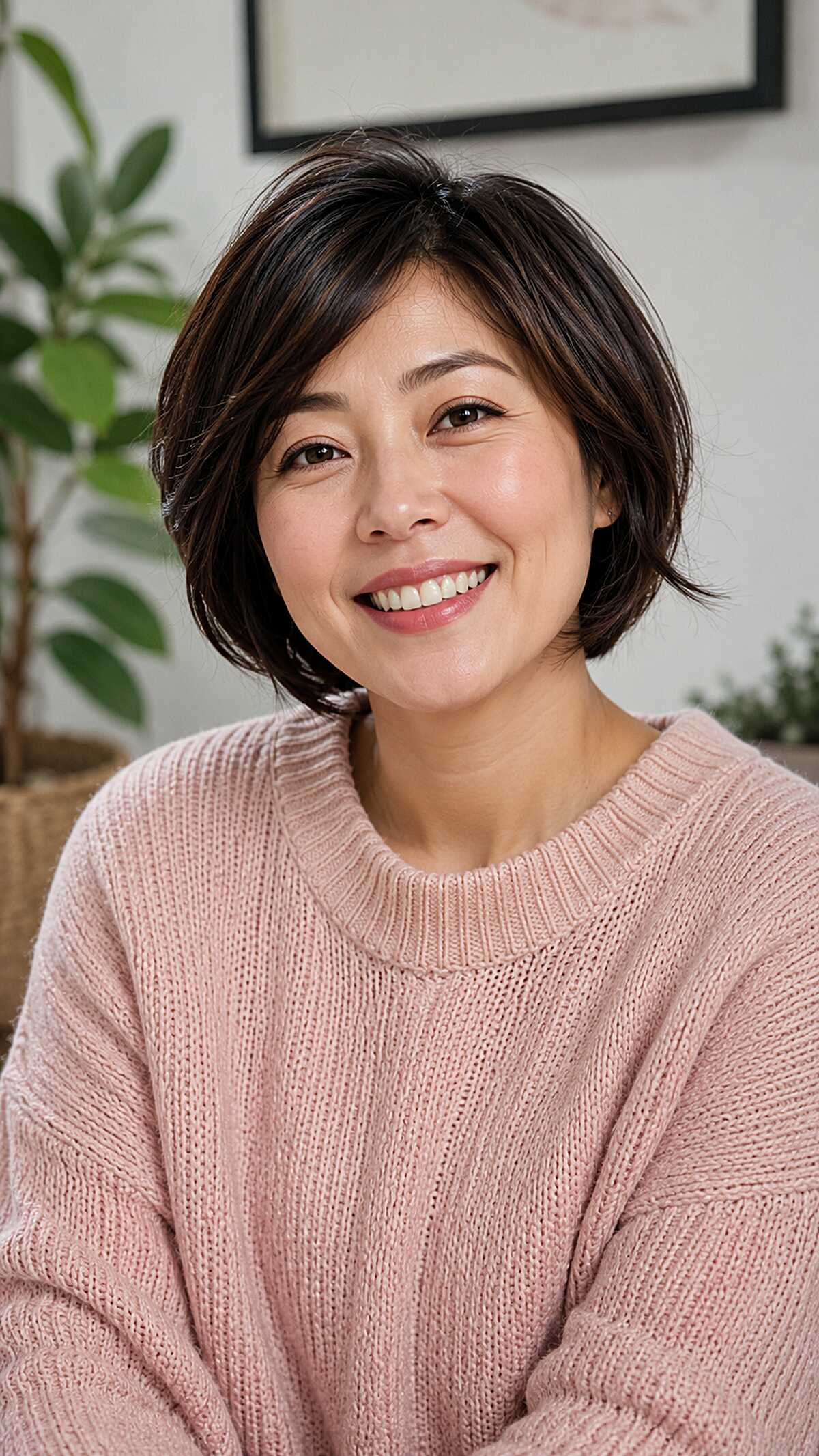Short Dark Boyfriend Bob with Feathered Side-Sweep and Ear-Length Layers