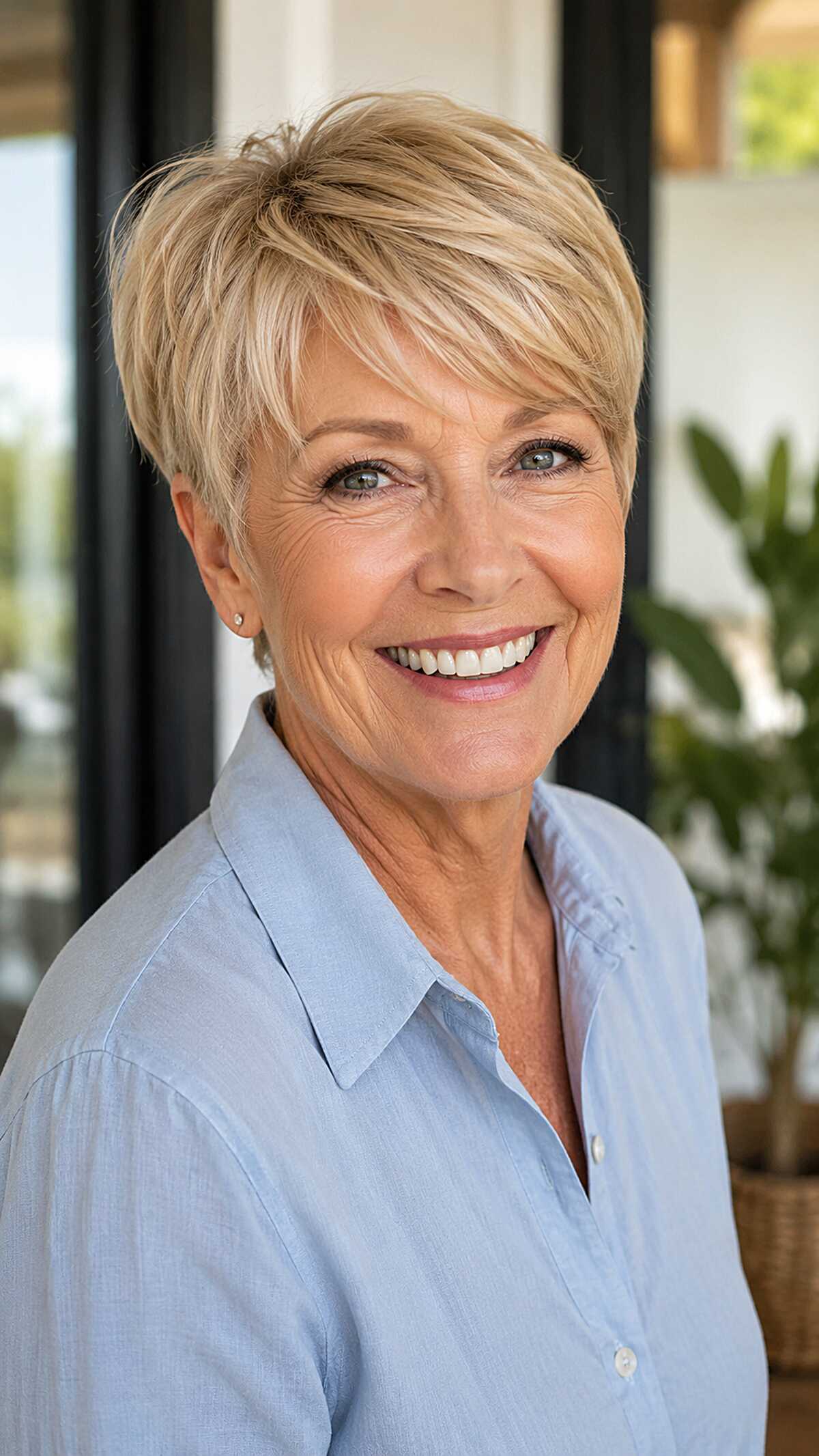 Sleek ash blonde pixie with side-swept bangs