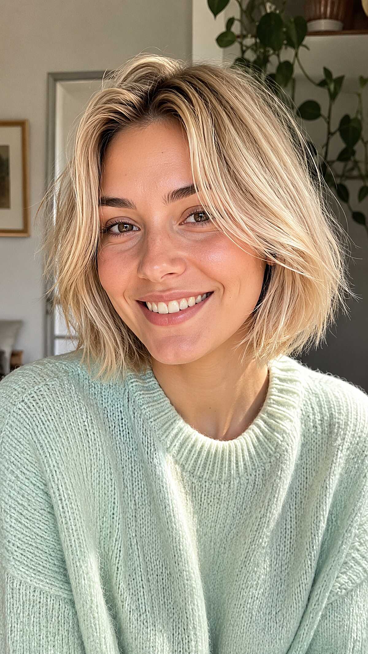 Soft Blonde Boyfriend Bob with Razored Ends and Face-Framing Pieces