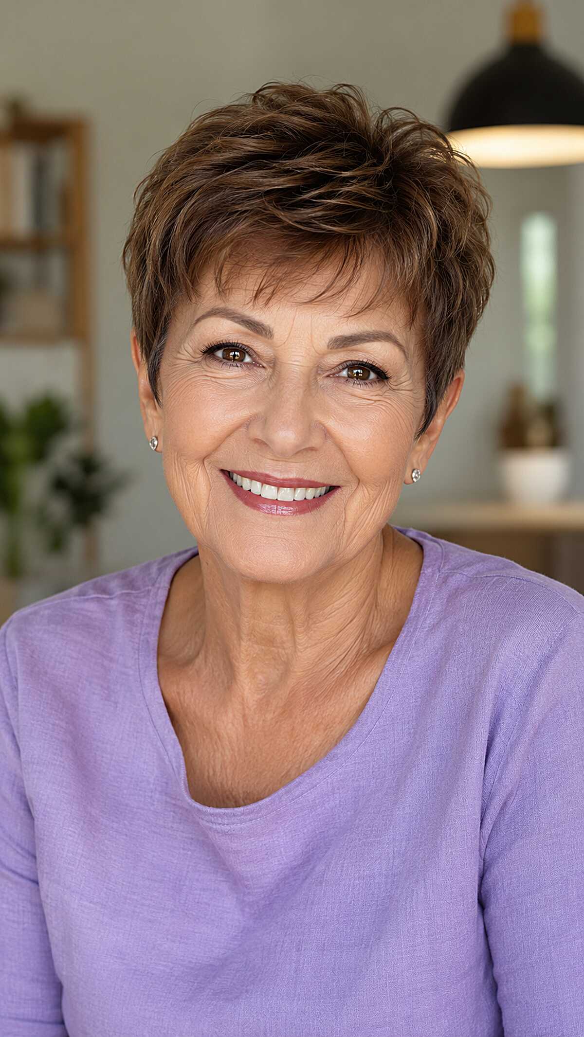 Soft brown tousled pixie with natural wavy texture