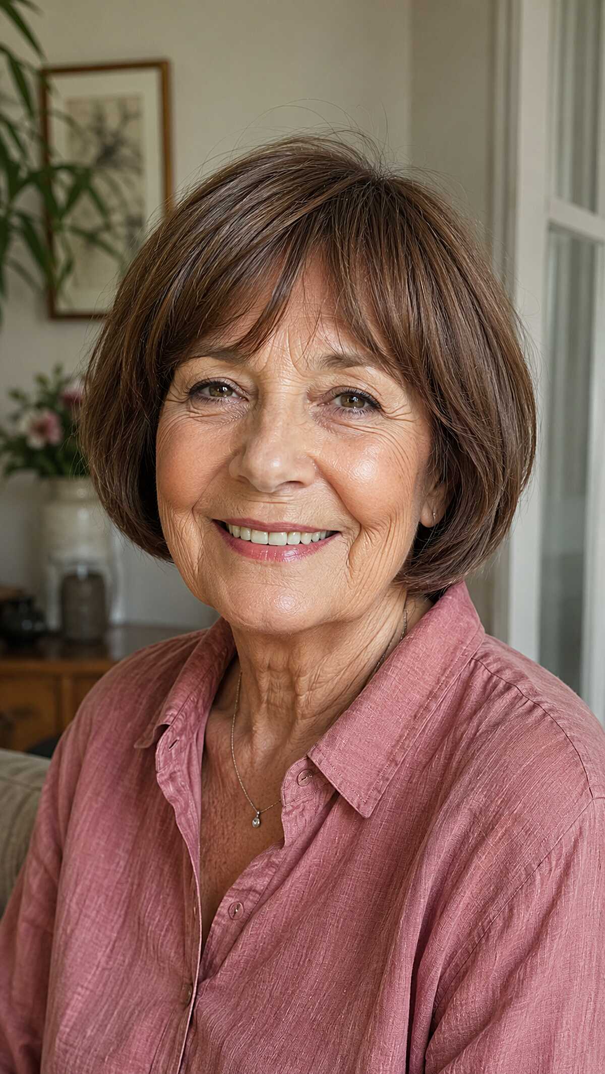 Soft Brunette Bob with Wispy Curtain Fringe