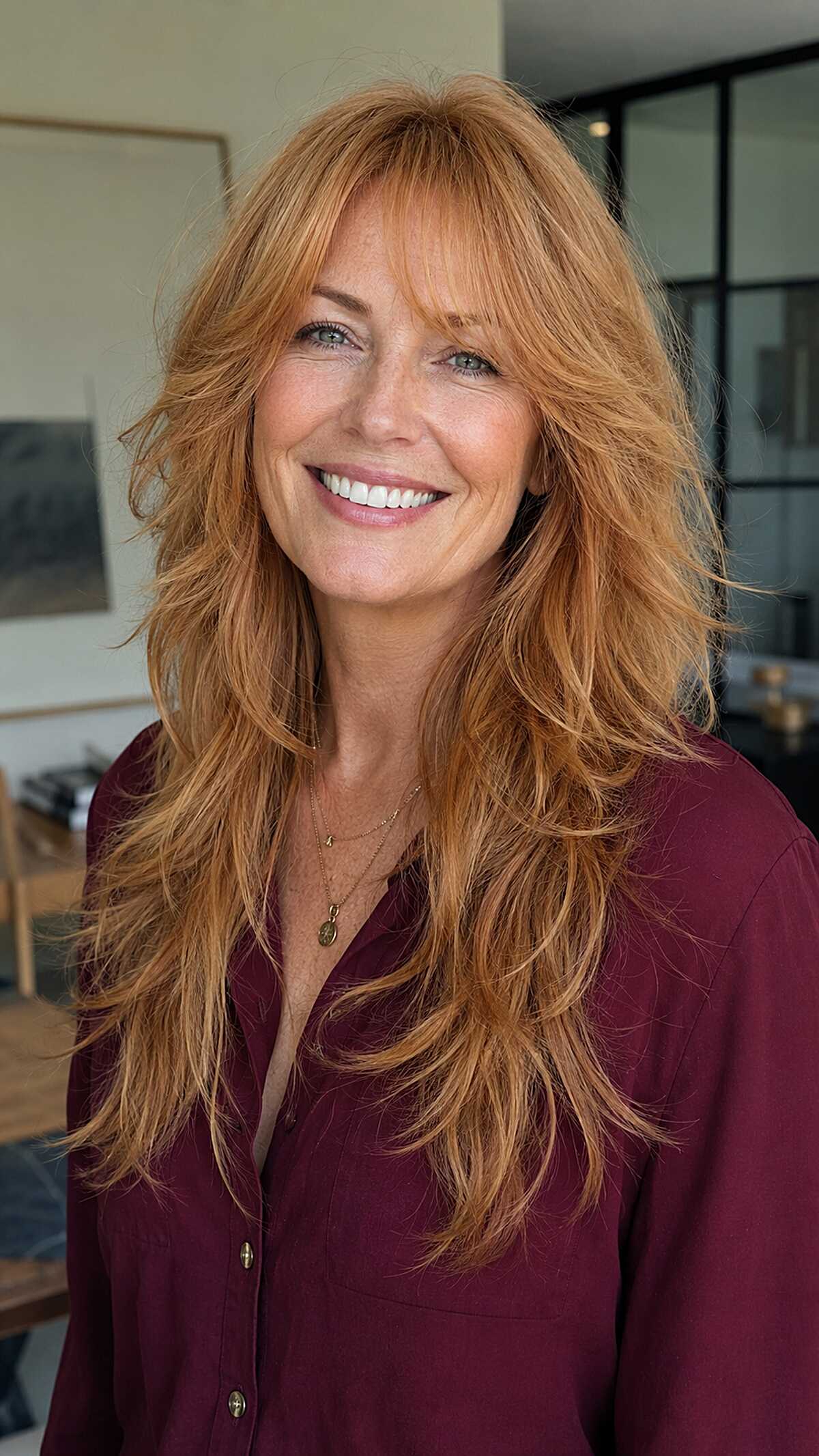 Strawberry Blonde Wolf Cut with Grown-Out Bangs and Raw Texture