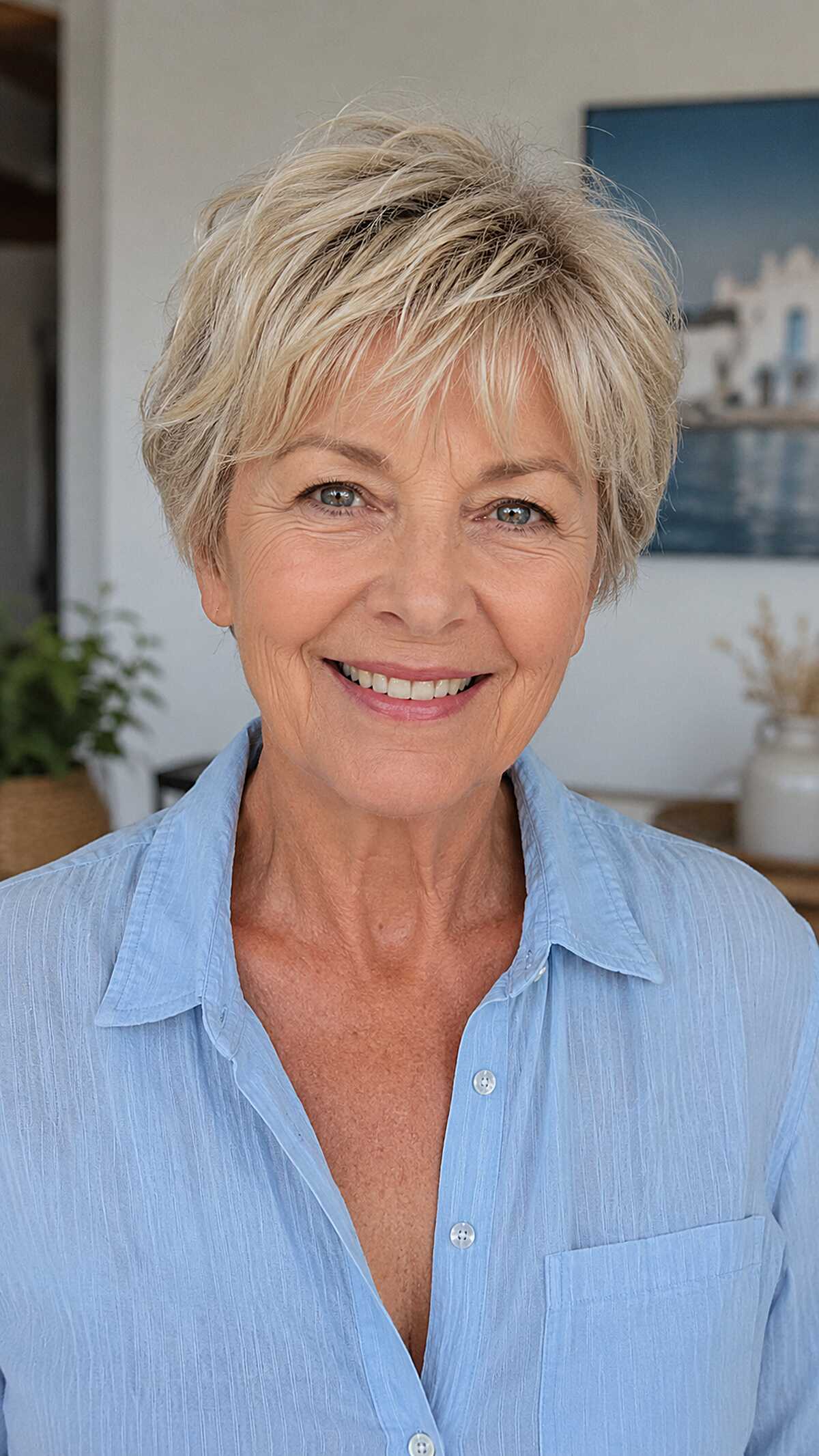Sun-Kissed Blonde Pixie with Feathered Crown Movement