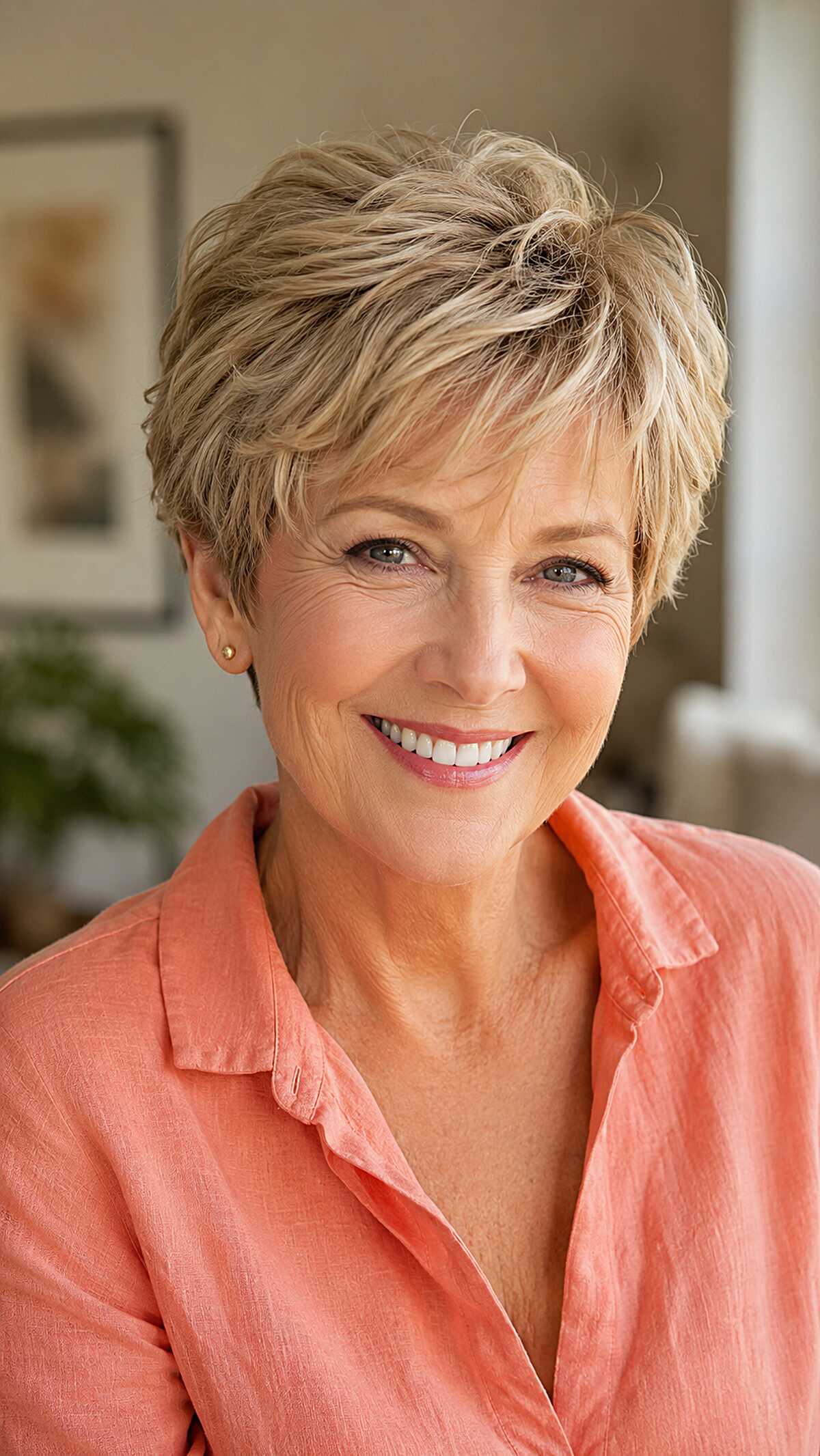 Warm blonde feathered pixie with layered fringe