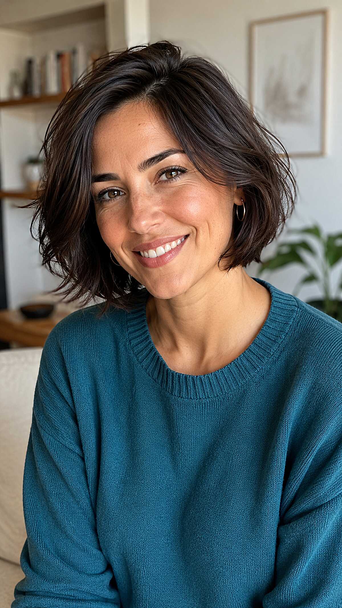 Textured Brunette Bob with Lived-In Bend and Side-Swept Crown