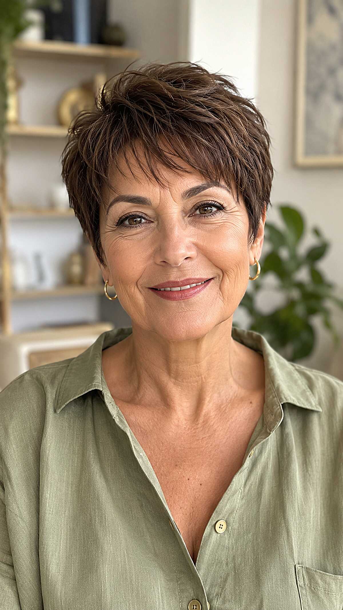 Chocolate brown textured pixie with piecey fringe