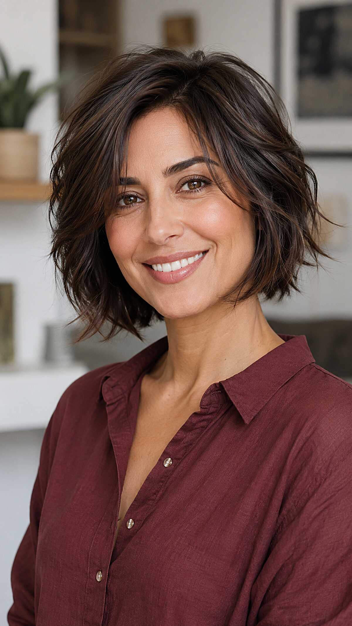 Tousled Dark Brunette Bob with Choppy Layers and Lifted Crown