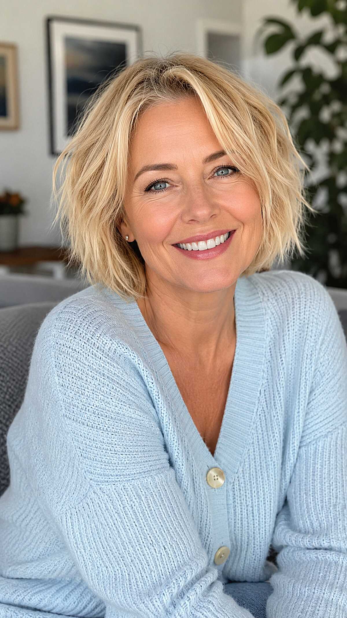 Warm Blonde Boyfriend Bob with Bent Texture and Soft Layering
