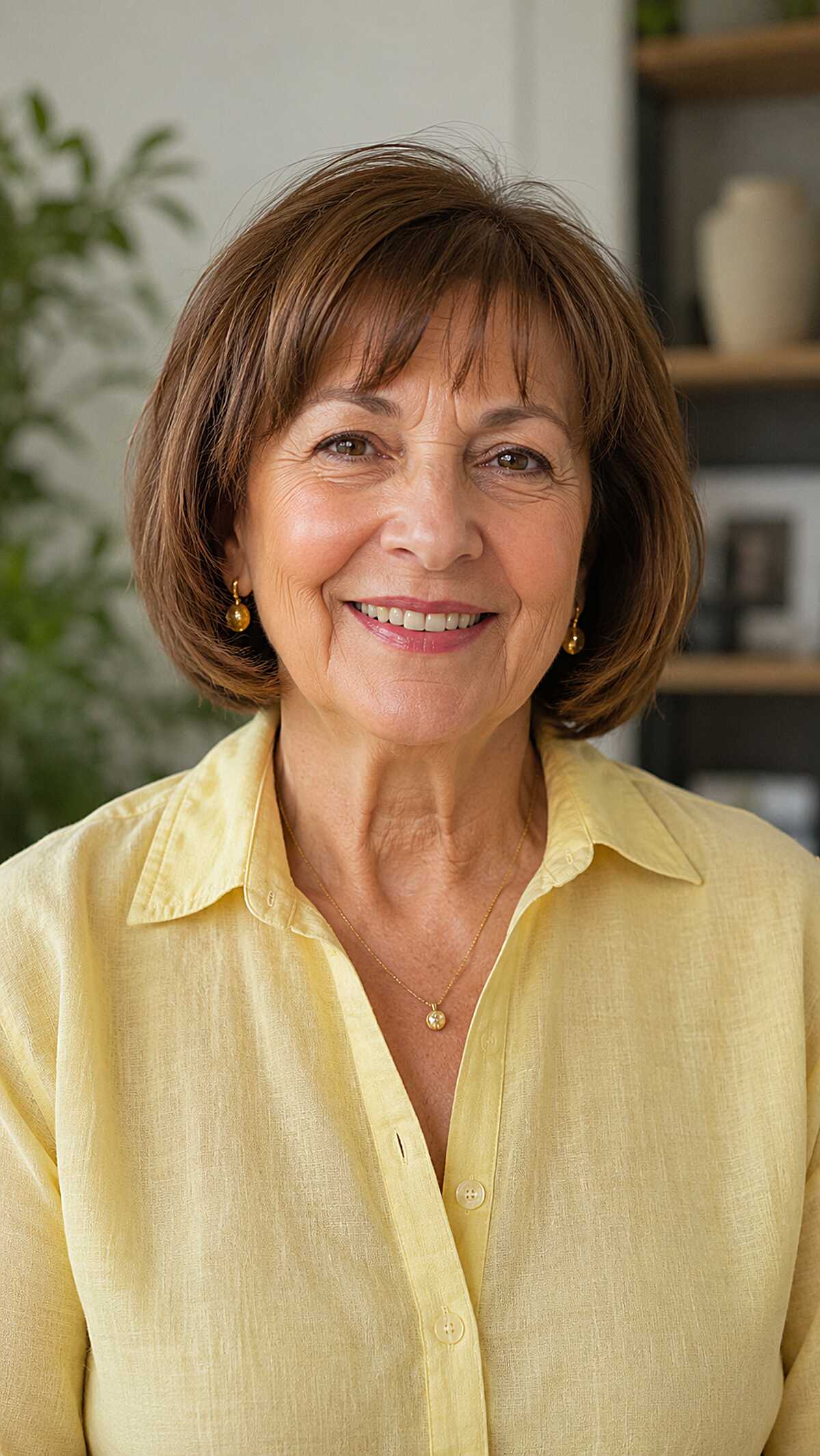 Warm Brunette Bob with Layered Fringe and Flicked Ends