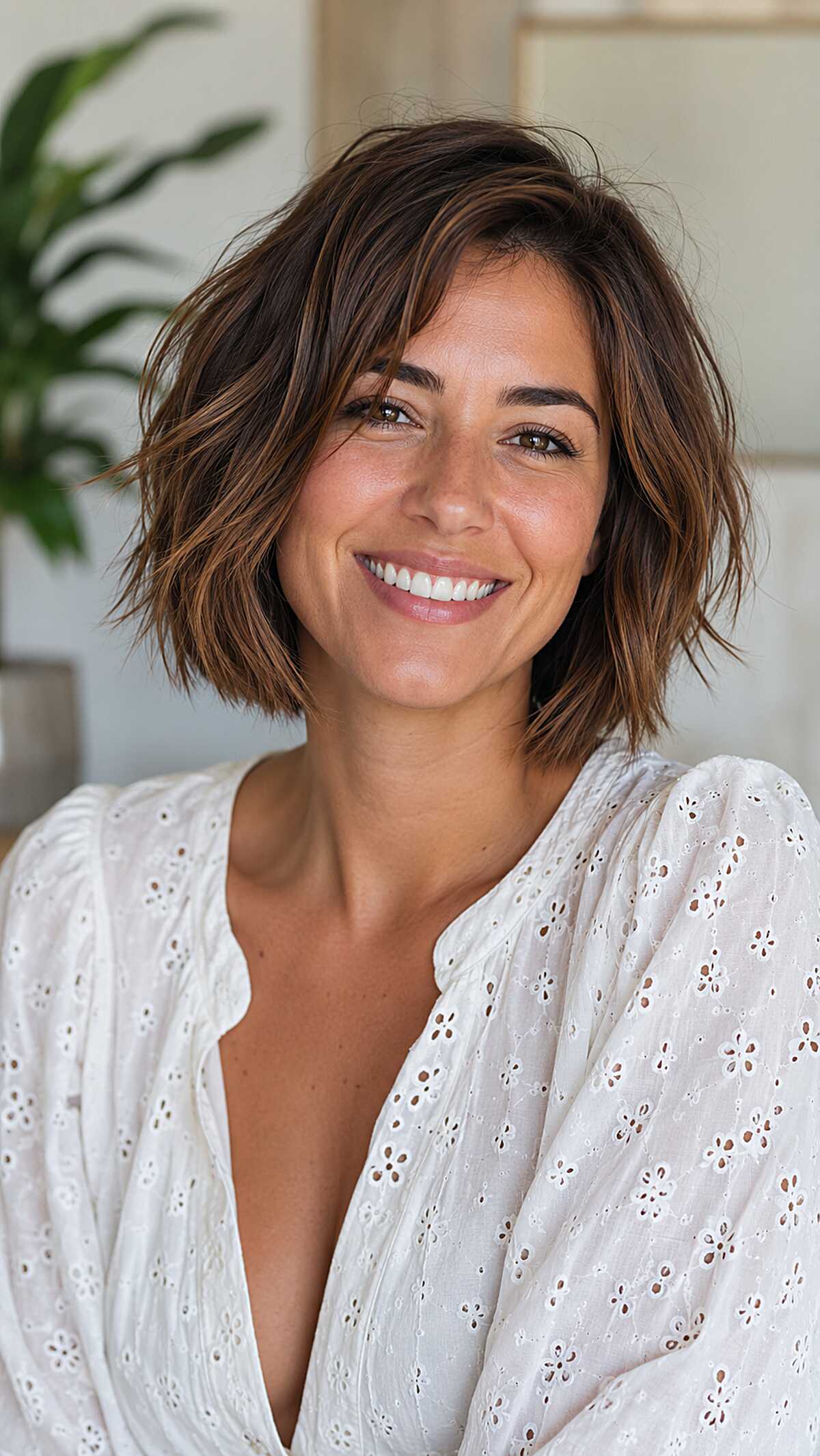 Warm Brunette Chin Bob with Shaggy Texture and Sun-Kissed Interior Highlights
