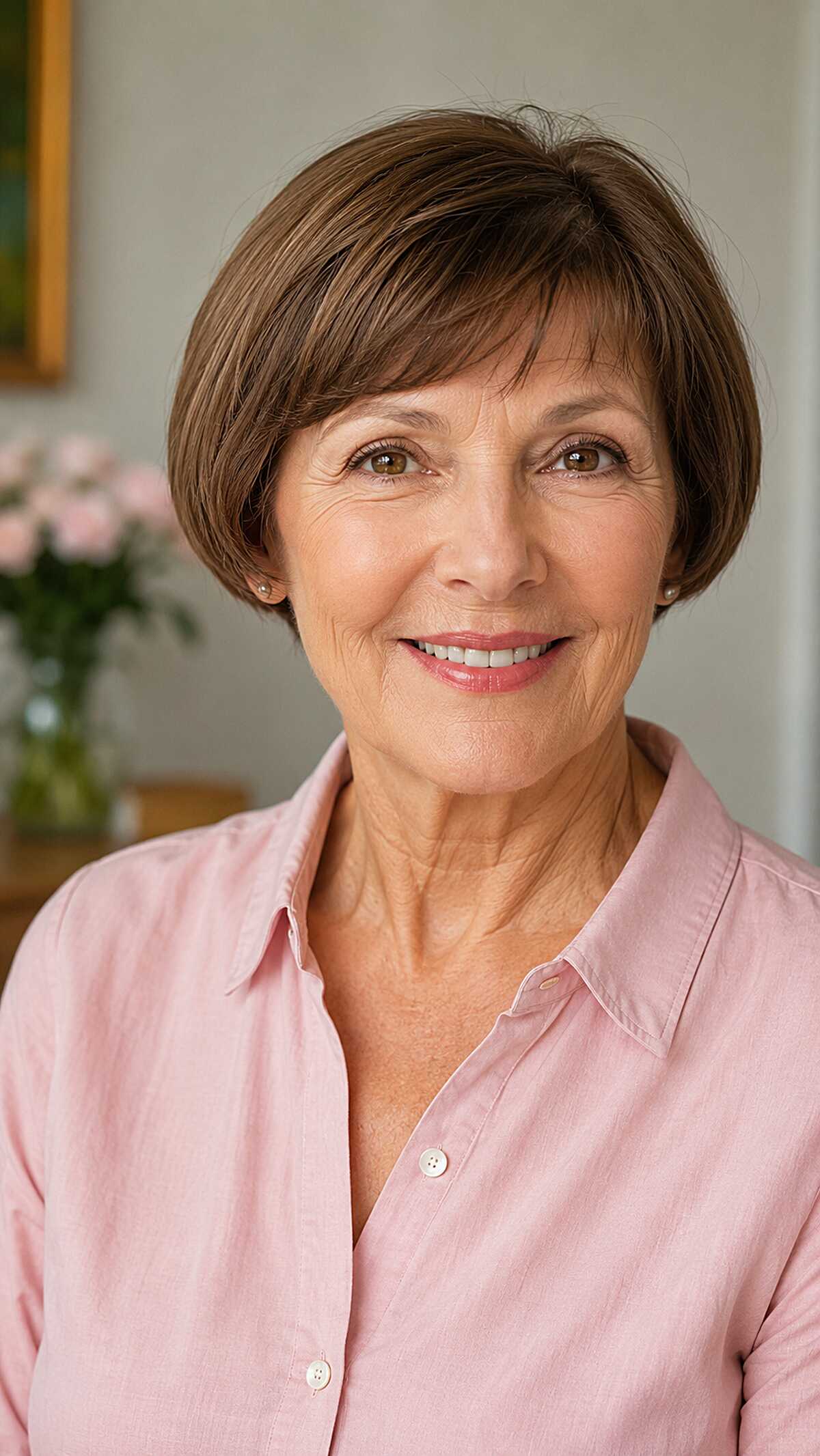 Warm Brunette Cropped Bob with Feathered Fringe