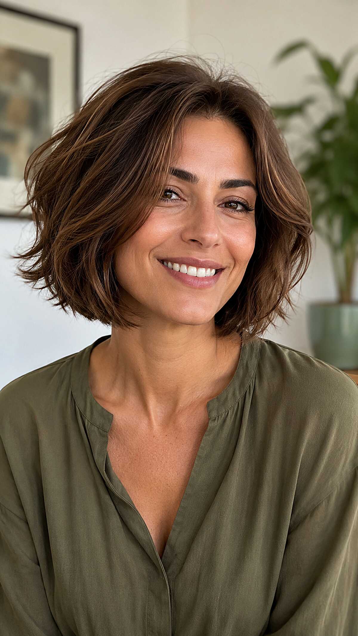 Warm Brunette Jaw Bob with Loose Chop and Natural Lift at the Crown