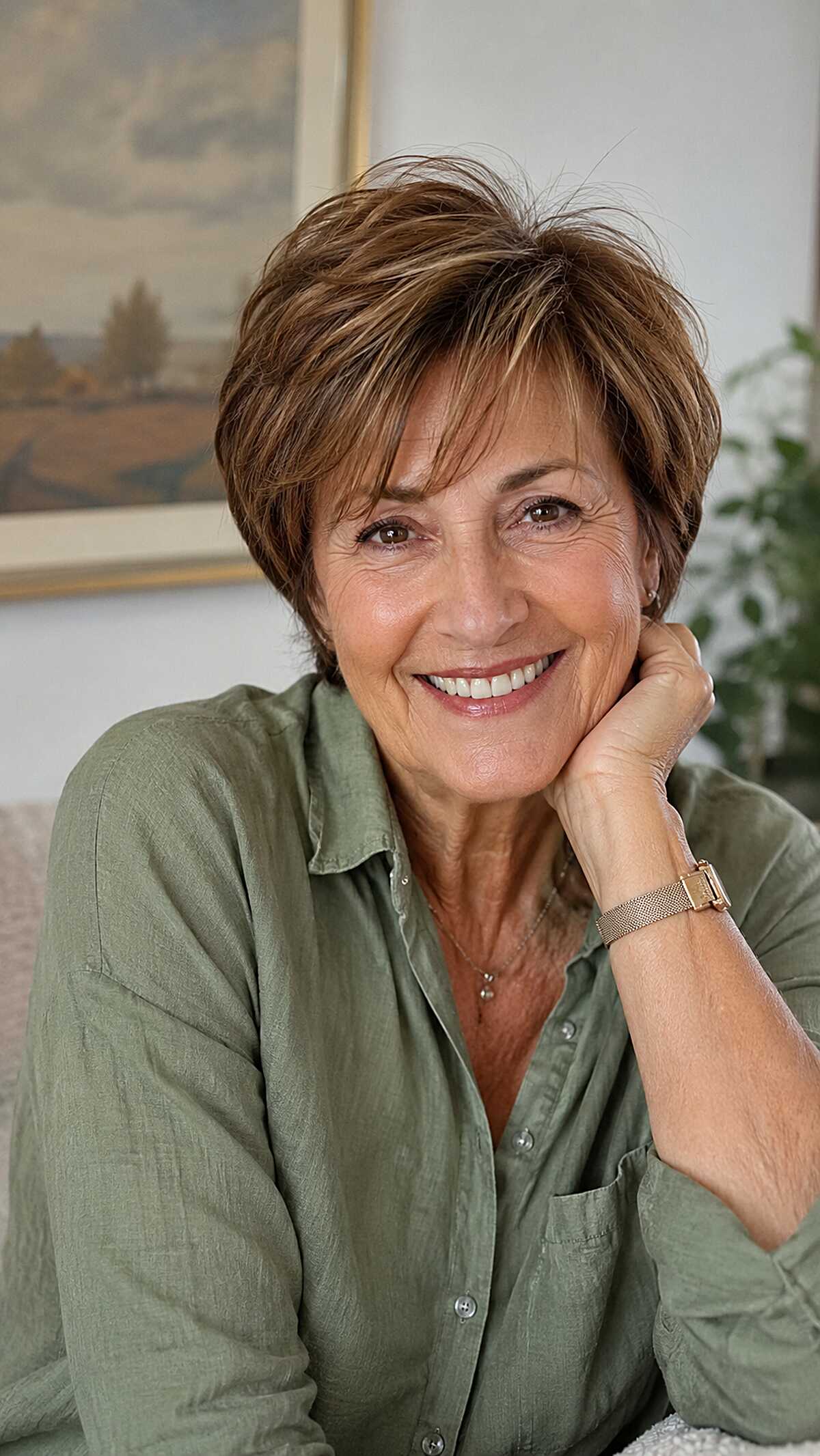 Warm Brunette Pixie with Swept Crown and Wispy Fringe