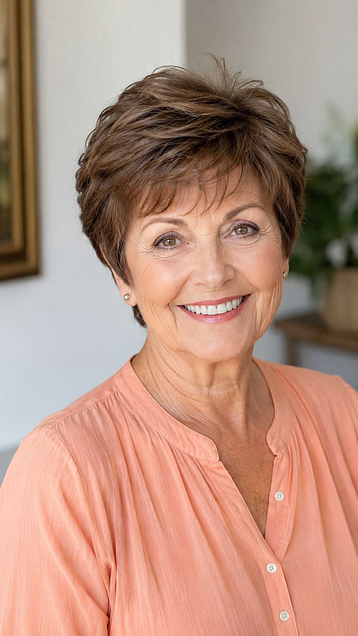 Warm Brunette Pixie with Tousled Crown and Tapered Nape