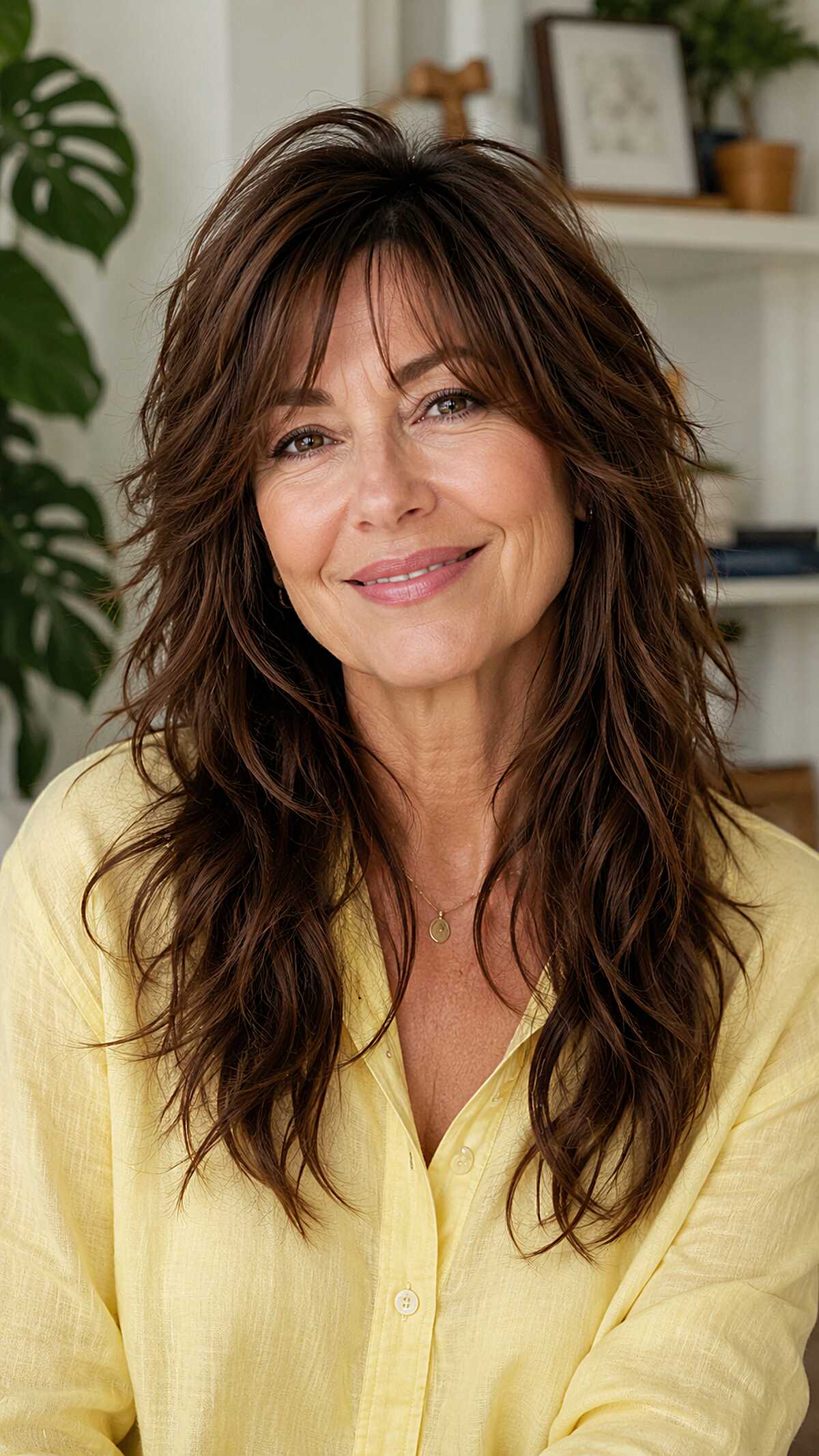 Warm Brunette Wolf Cut with Feathered Crown and Tousled Length
