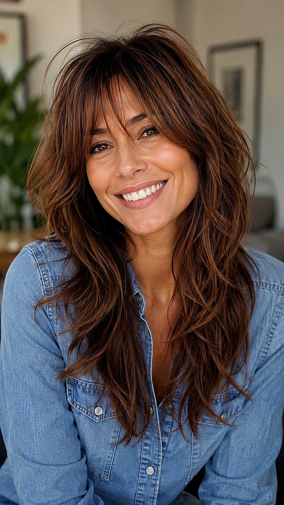 Warm Brunette Wolf Cut with Wispy Bangs and Razored Movement