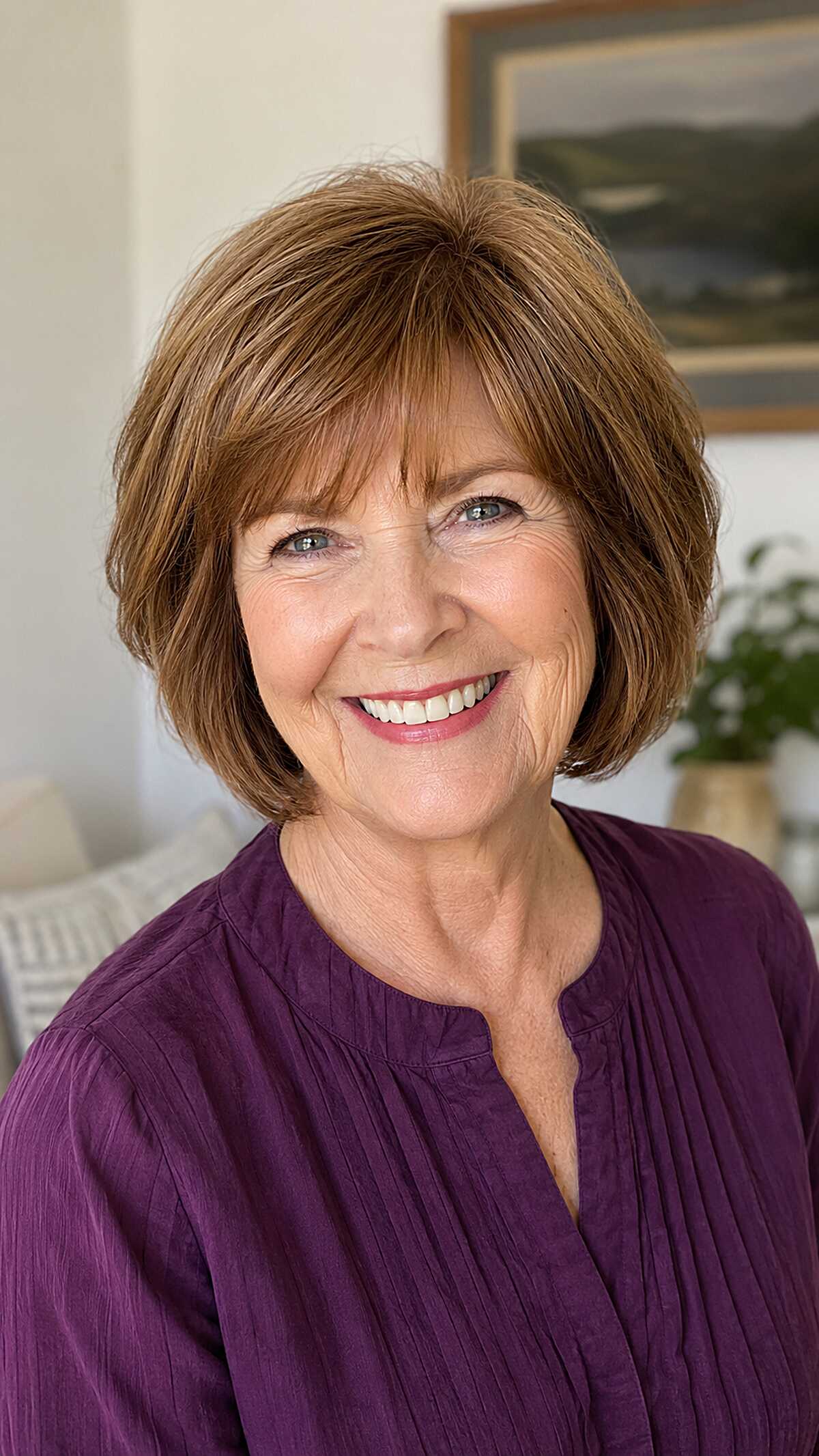Warm Chestnut Bob with Layered Fringe and Rounded Body