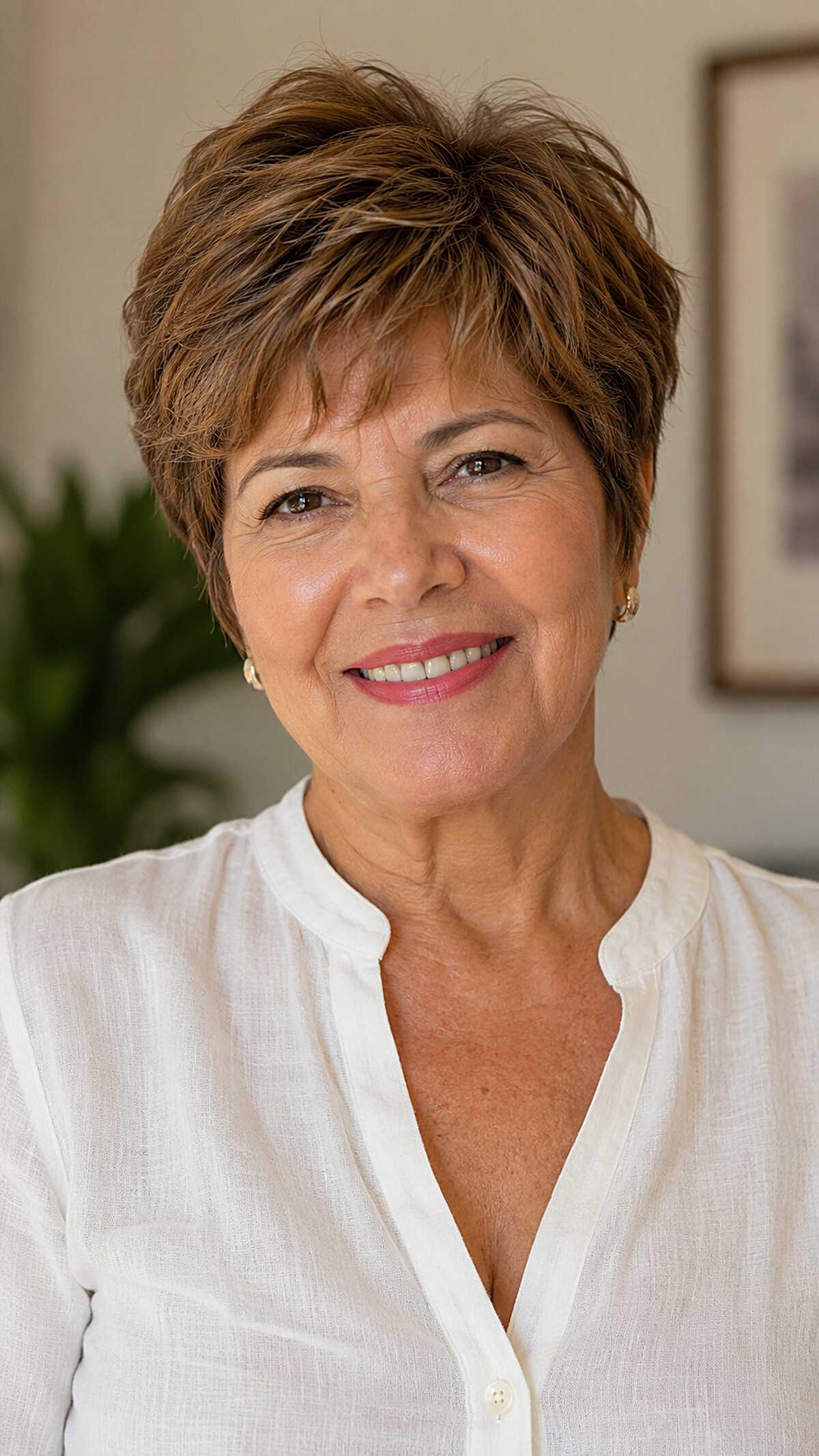 Warm chestnut pixie cut with windswept textured layers