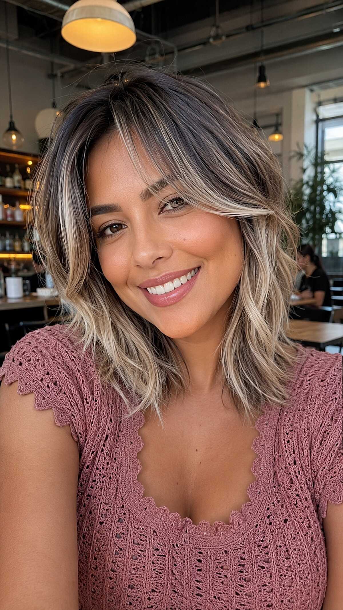 Ash Blonde Face Frame on a Choppy Collarbone Lob with Warm Tan Skin