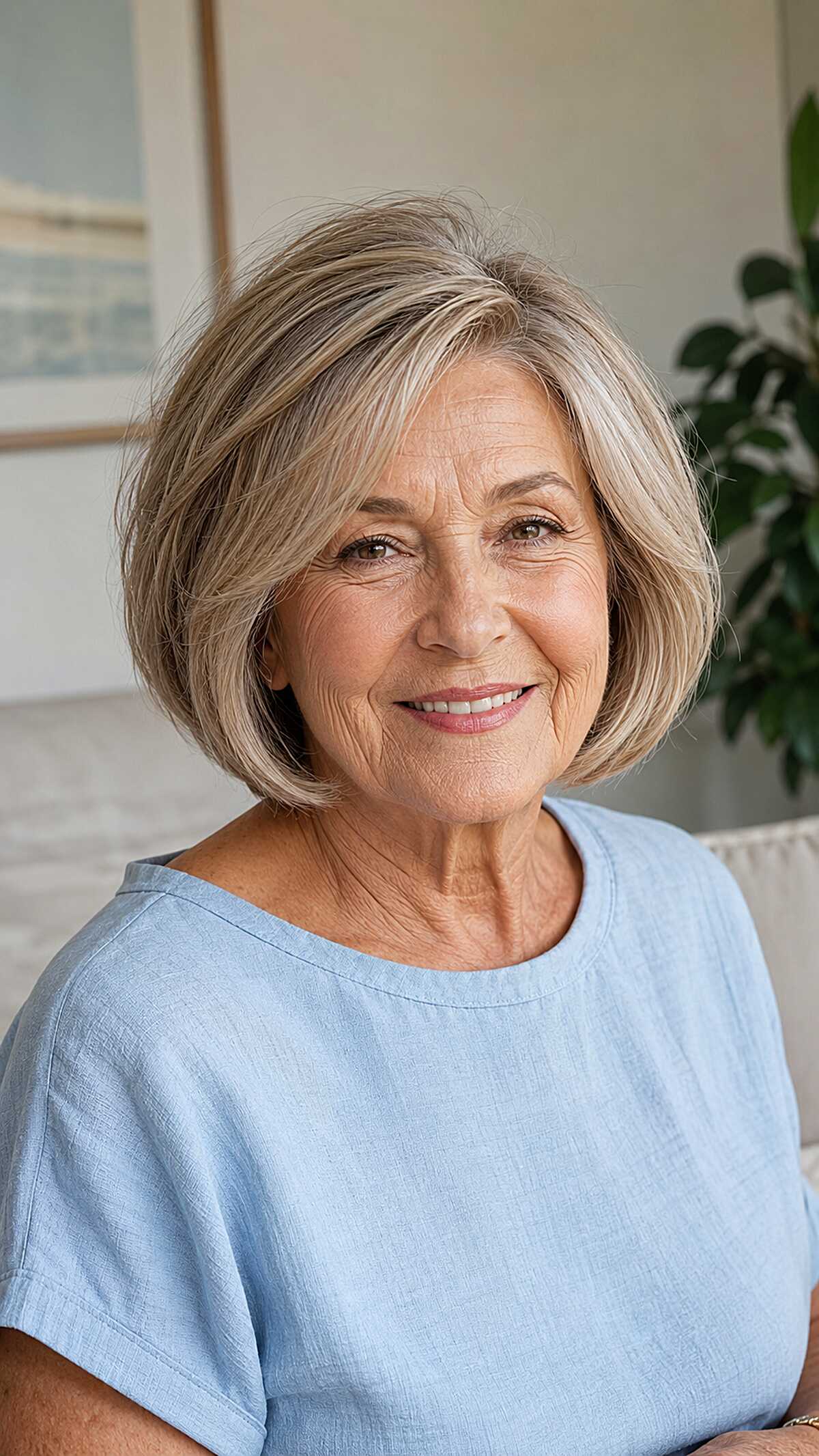 Ash blonde layered bob with wispy side-swept fringe