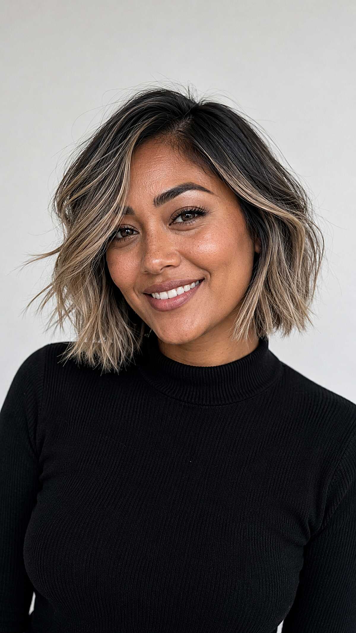 Ash Blonde Money Pieces on a Dark Textured Bob