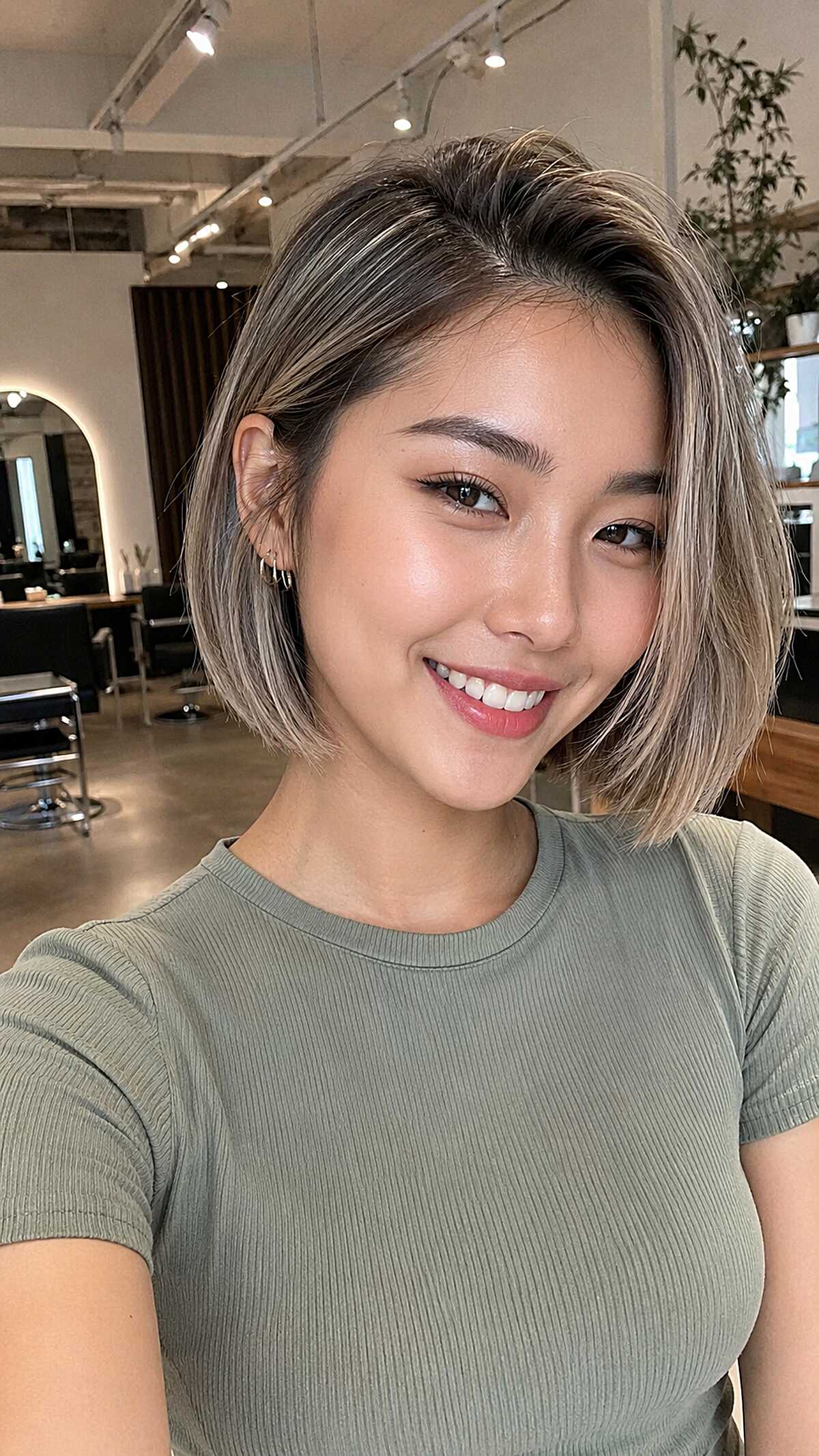 Blunt Ash Blonde Bob with Seamless Root Melt on Light Olive Skin