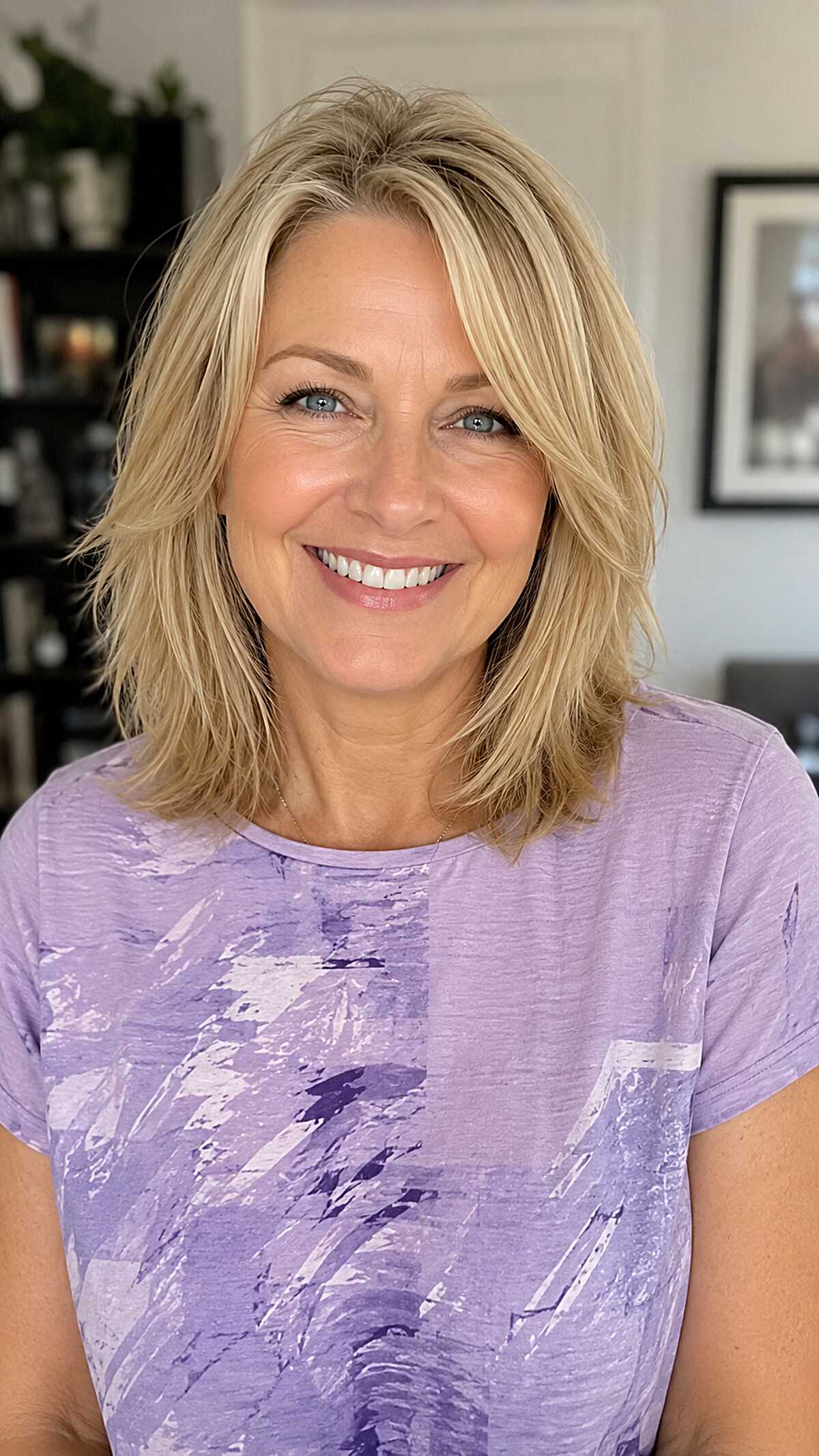 Blonde layered bob with flipped ends and side bangs