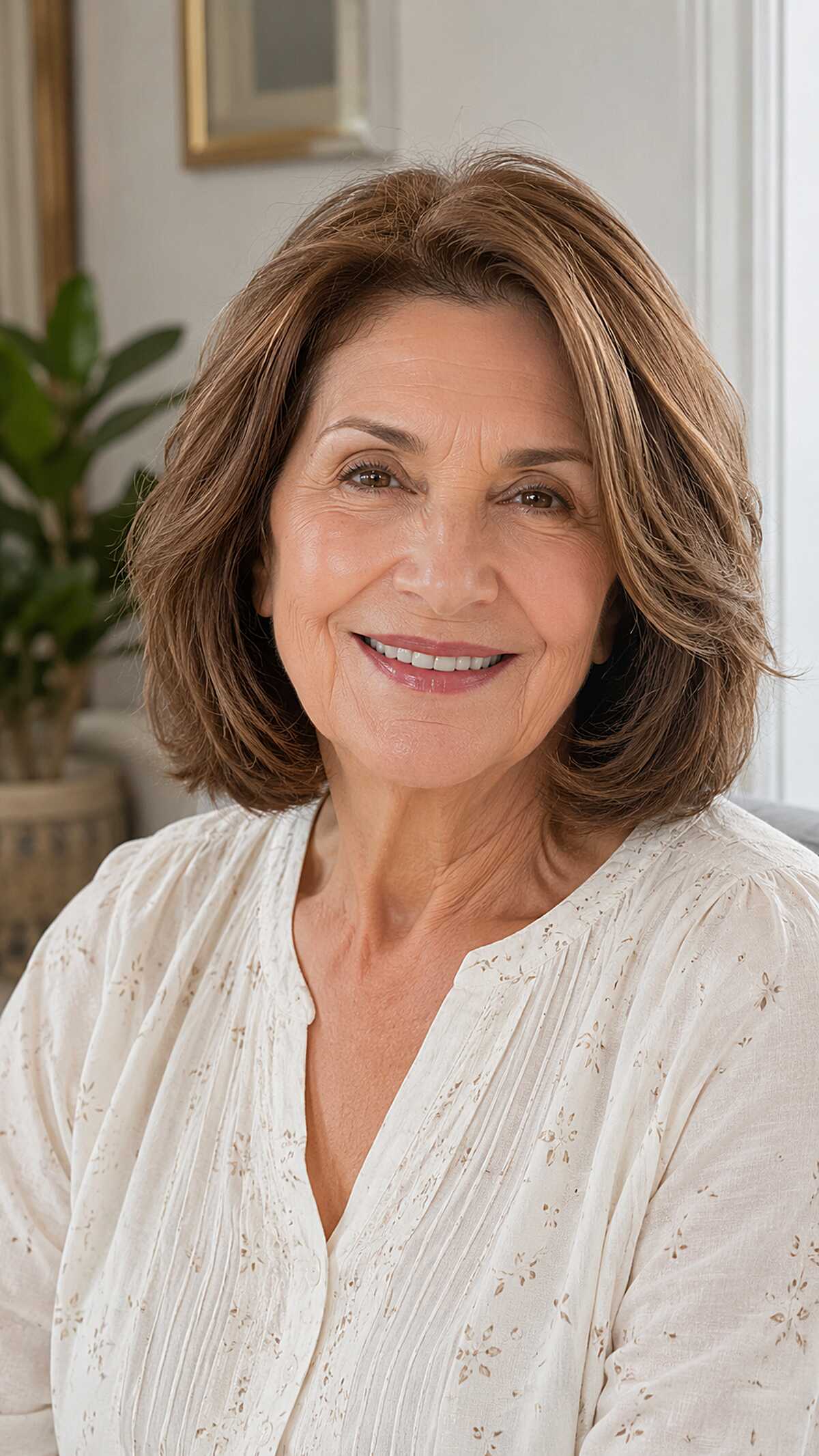 Brunette feathered bob with caramel face-framing highlights