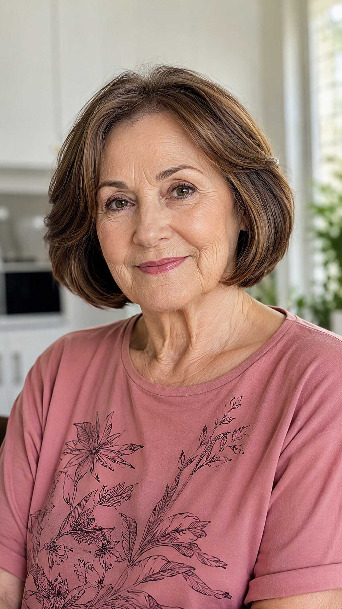 Brunette textured bob with lifted crown and highlights