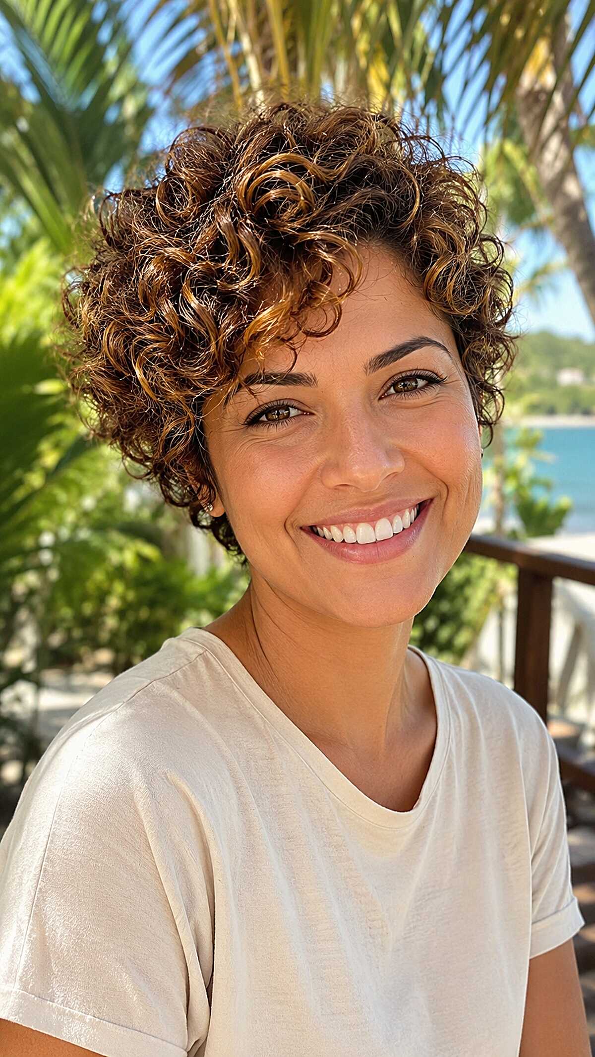 Caramel-Kissed Curly Pixie with Full Crown Volume