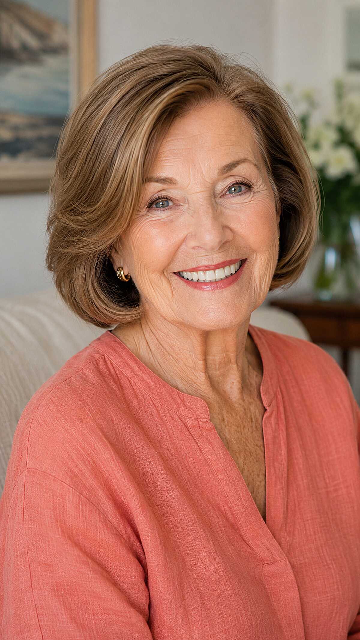 Caramel brown layered bob with swooping side layers