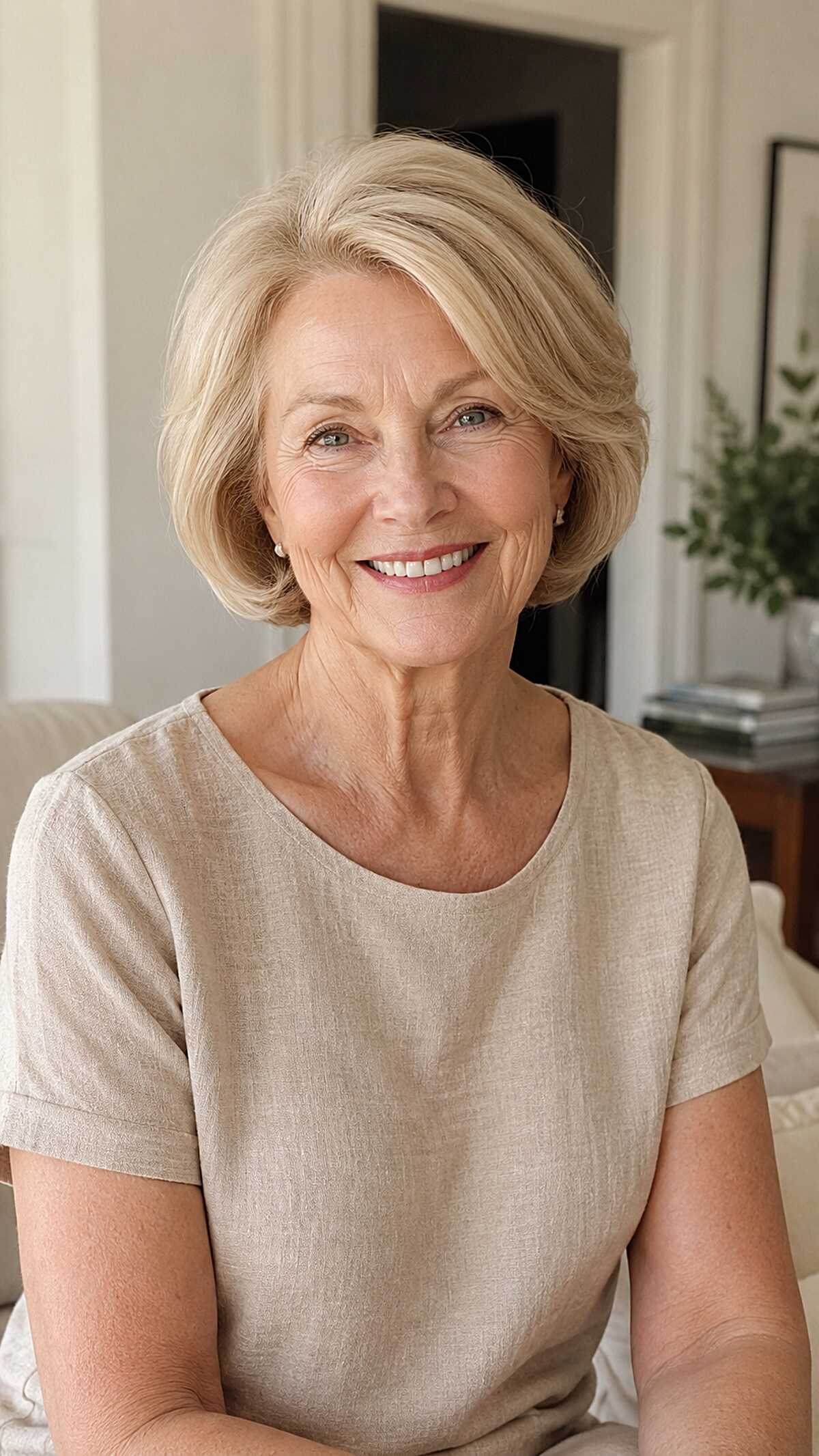 Champagne blonde bob with feathered volume at crown