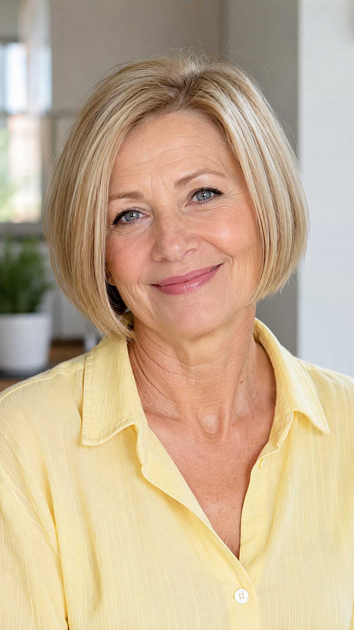 Champagne blonde short bob with structured shape