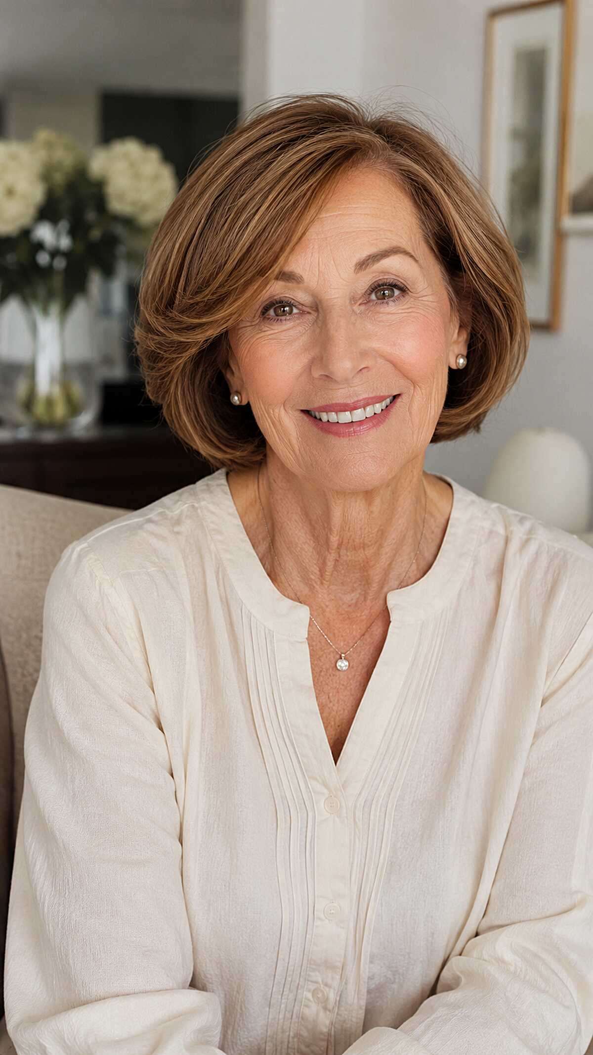 Chestnut brown bob with feathered layers and side part
