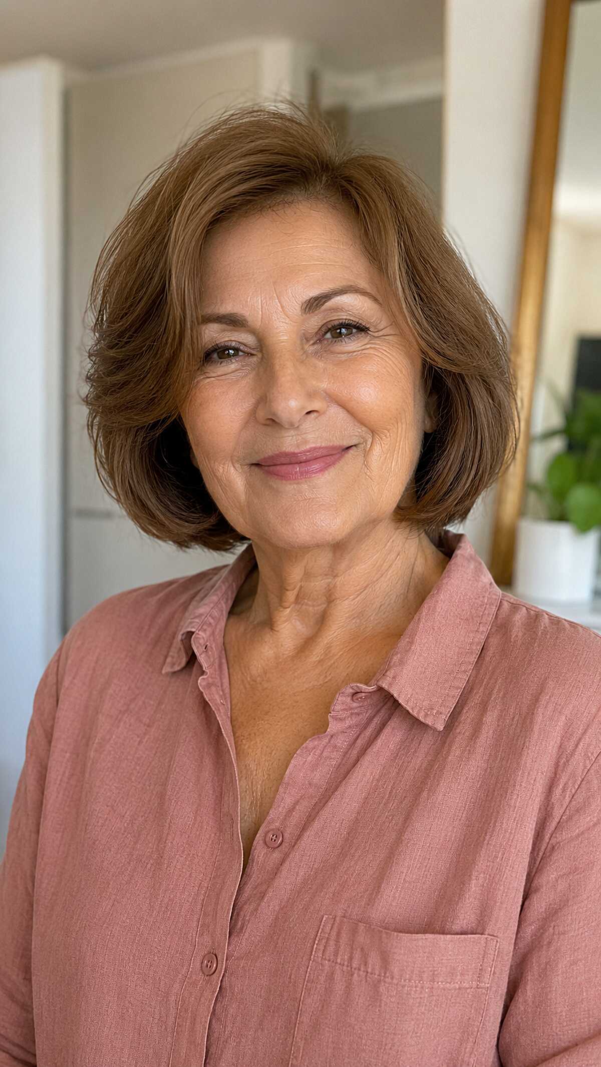 Chestnut brown textured bob with flipped-out ends