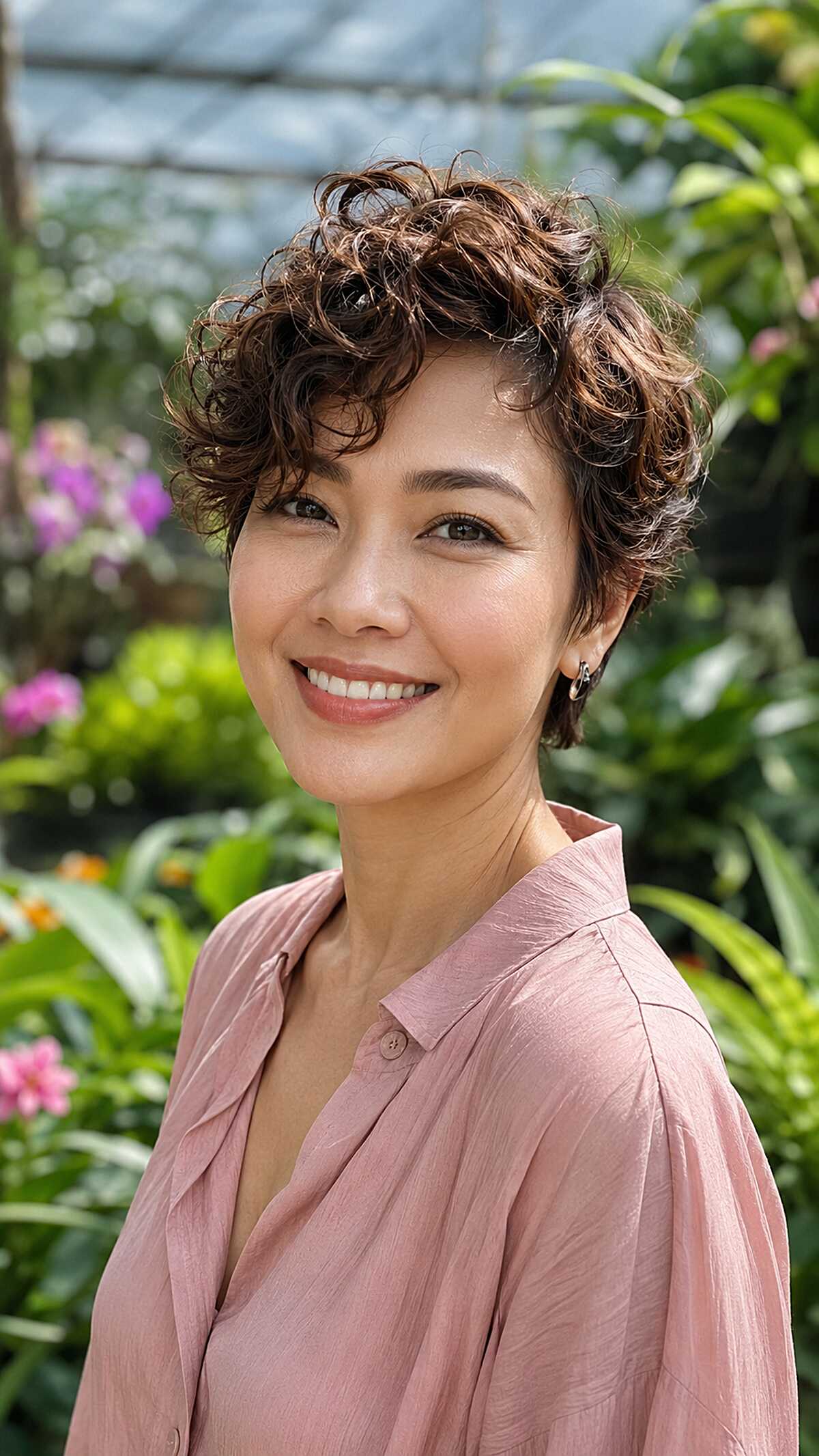 Chestnut Curly Pixie with Forward-Swept Crown Movement