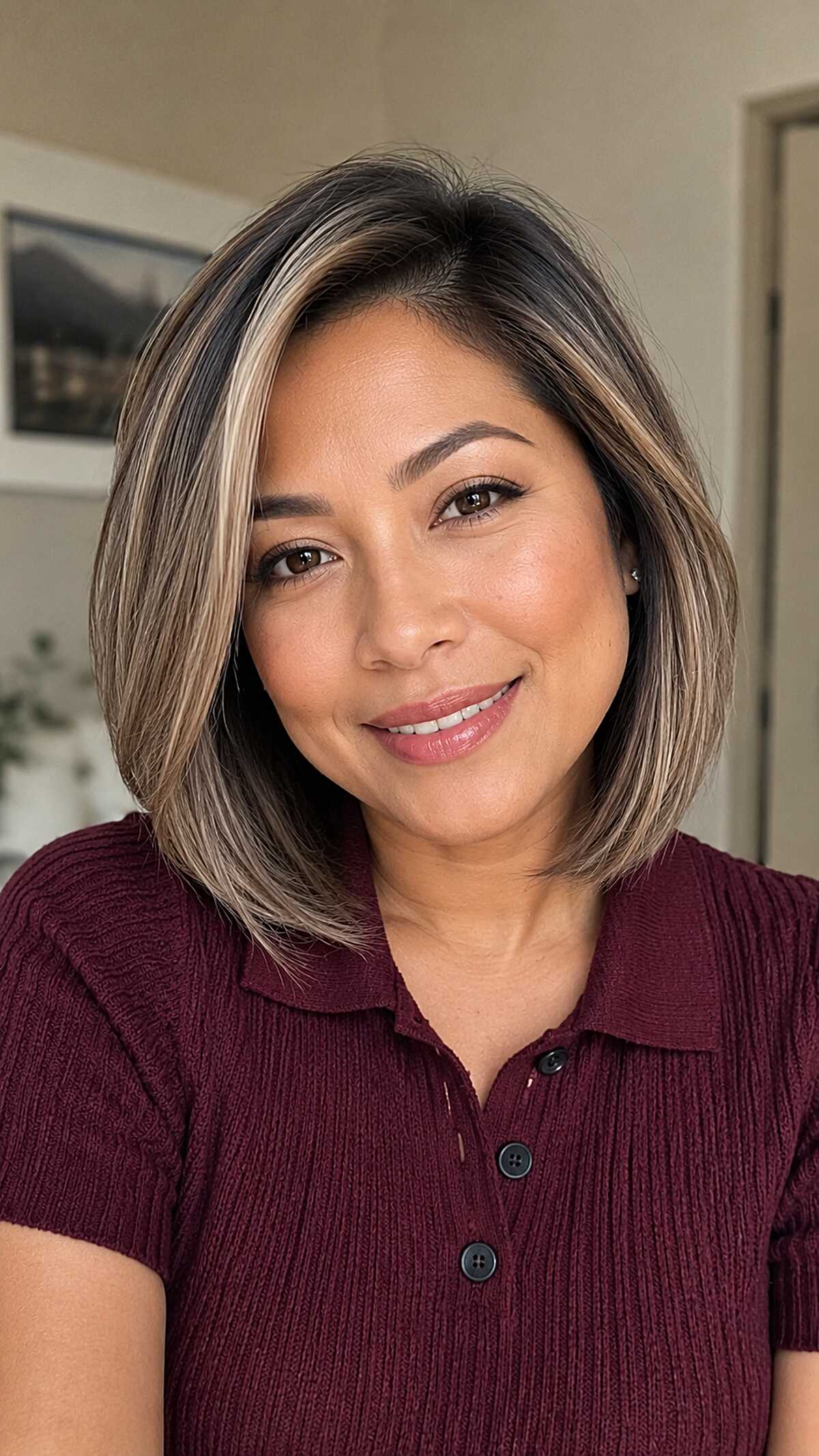 Chin-Length Ash Blonde Balayage Bob on Medium Olive Skin