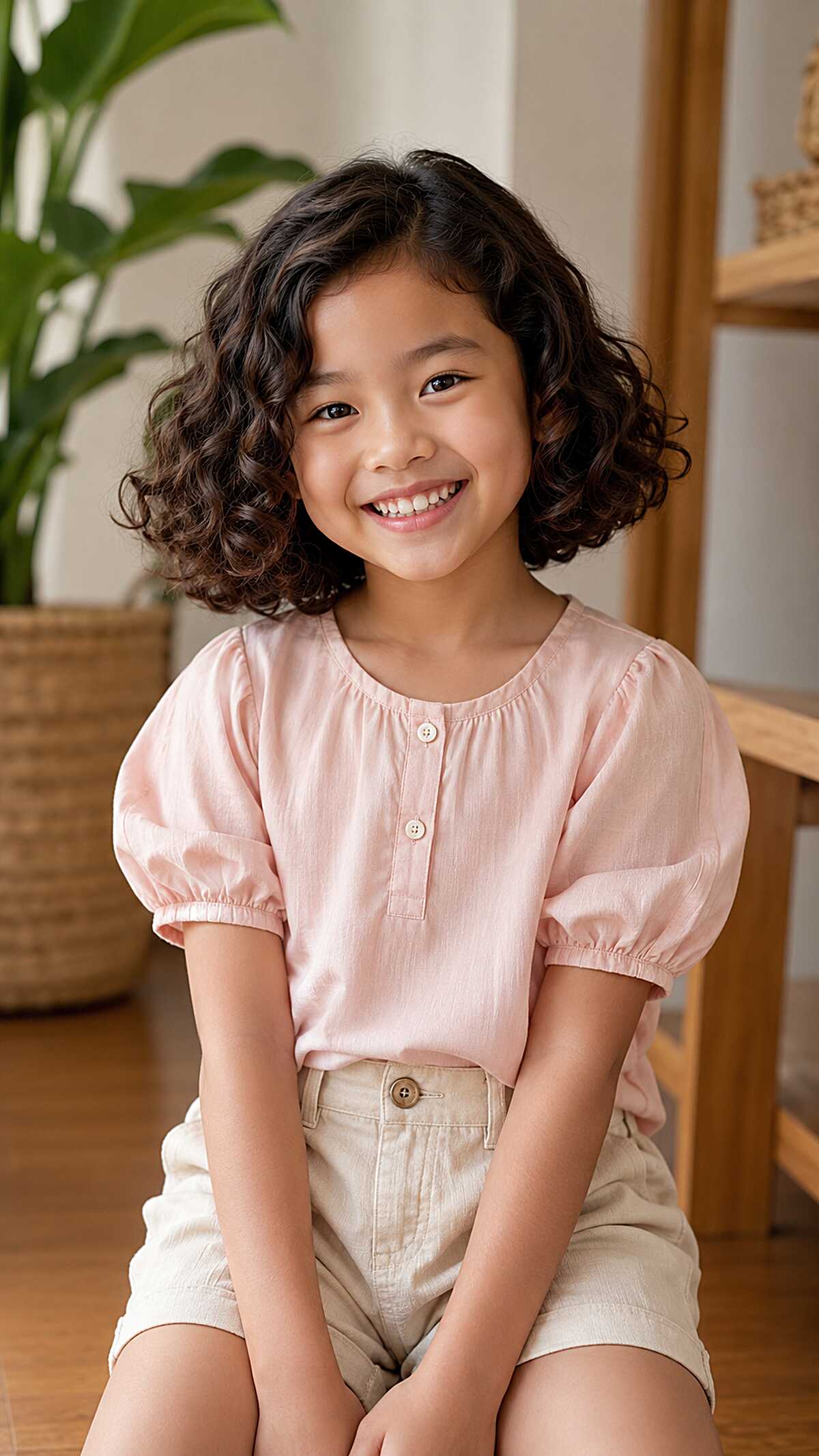 Chin-Length Dark Brown Curls with Soft Side Sweep