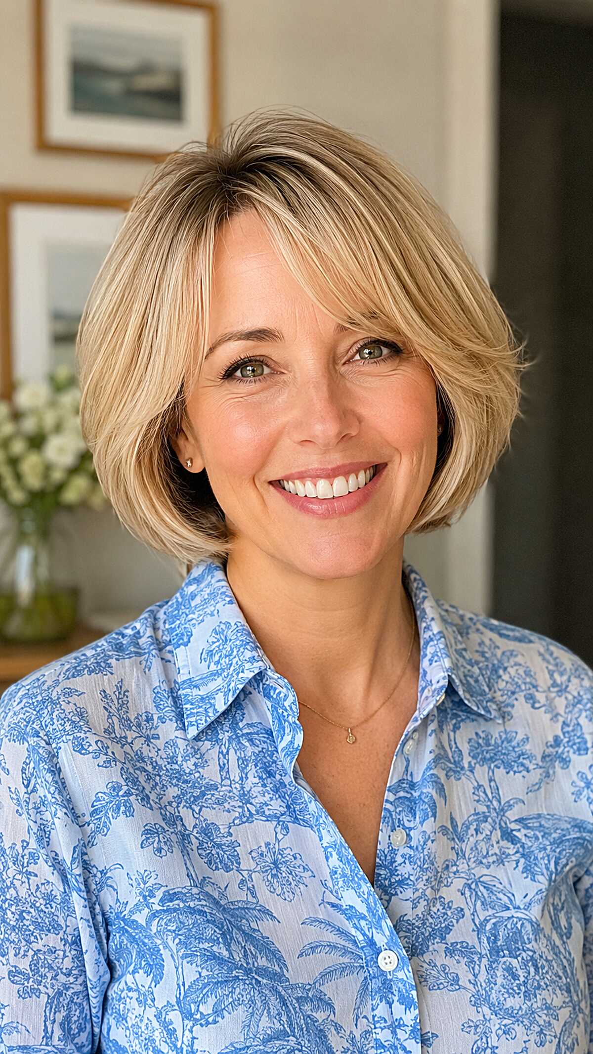 Classic blonde bob with feathered side-swept bangs
