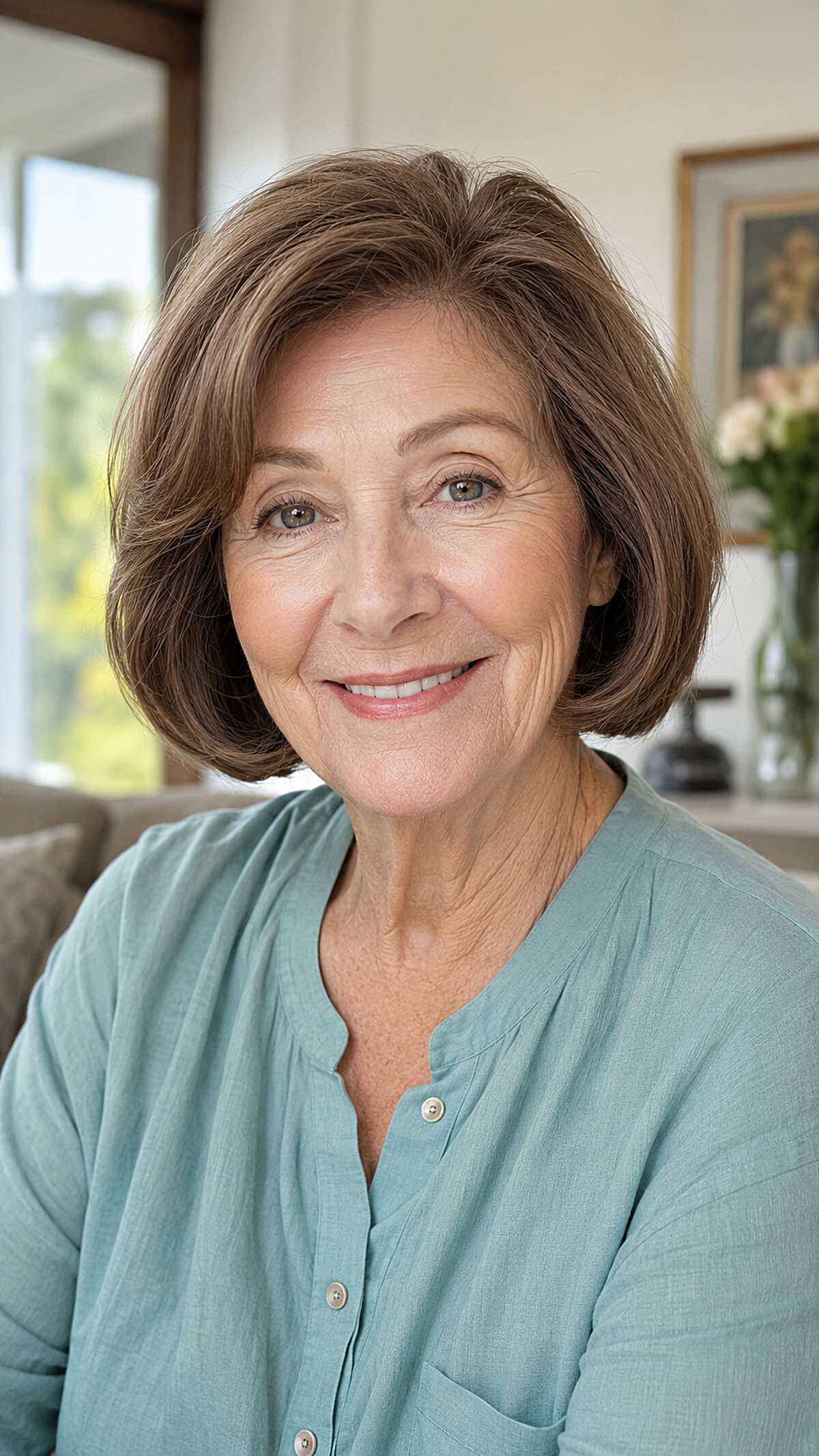 Classic rounded brunette bob at chin length