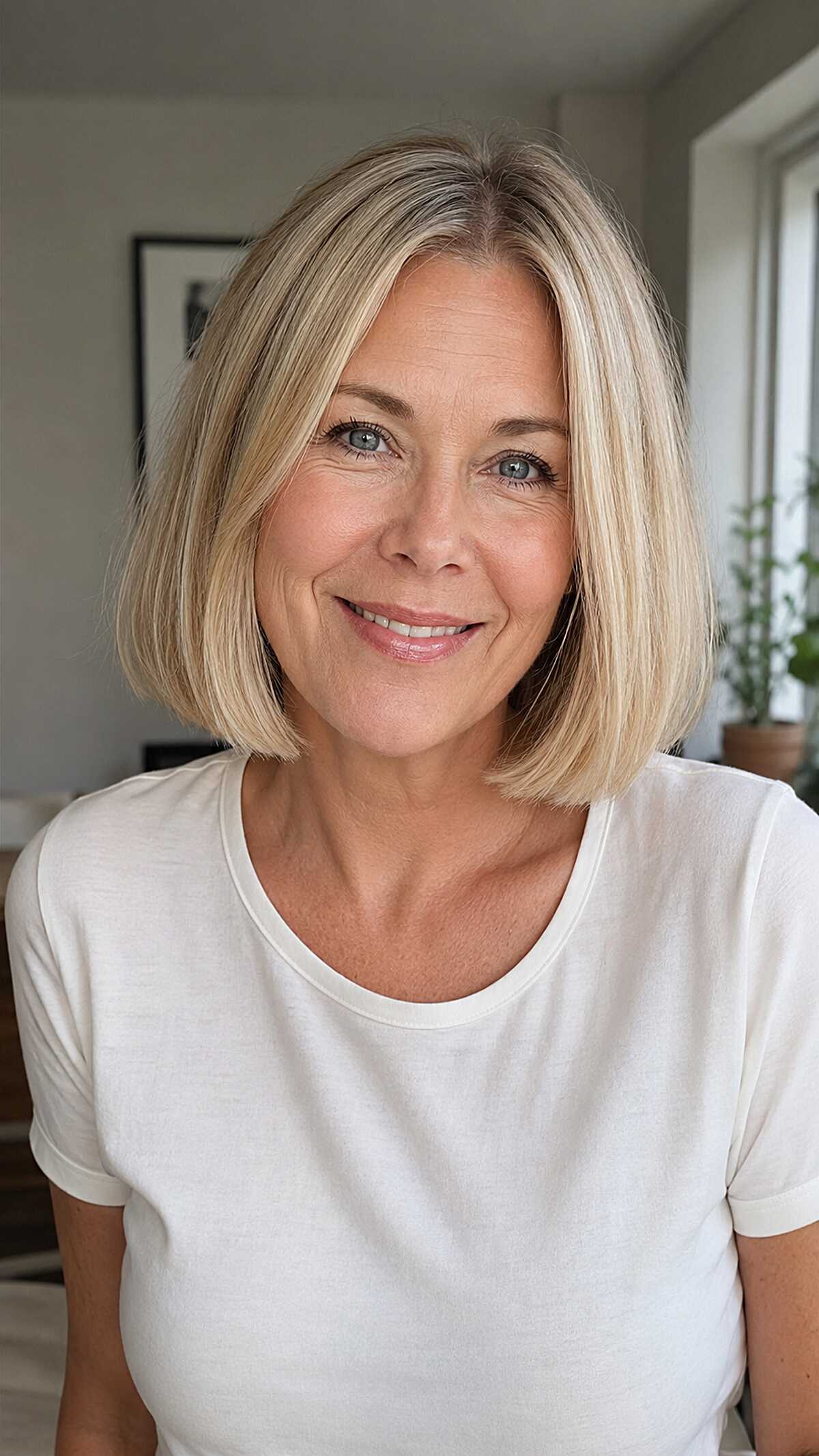 Cool ash blonde one-length bob with blunt ends