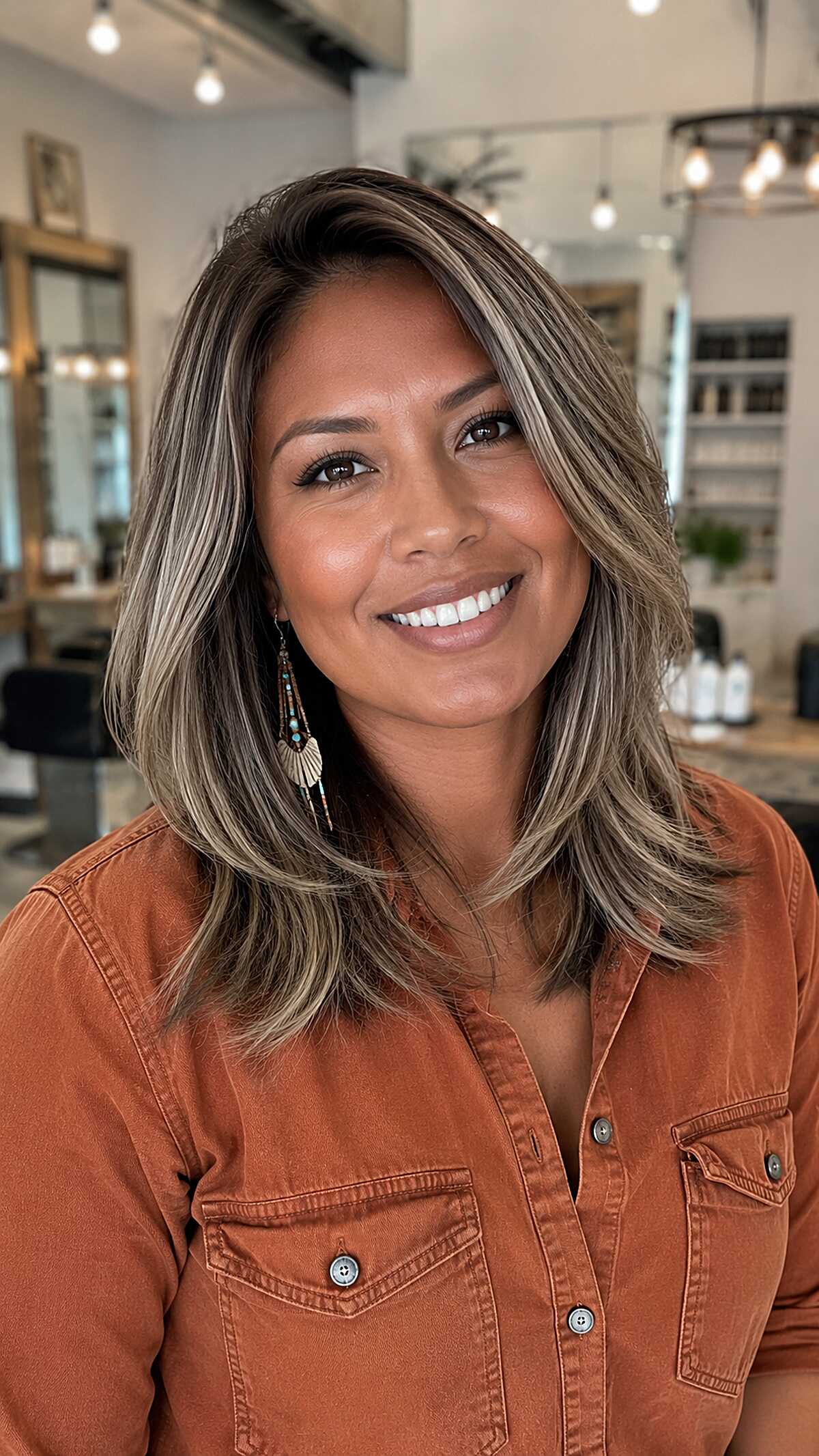 Cool Ash Blonde Ribbons Through a Warm-Toned Shoulder Lob