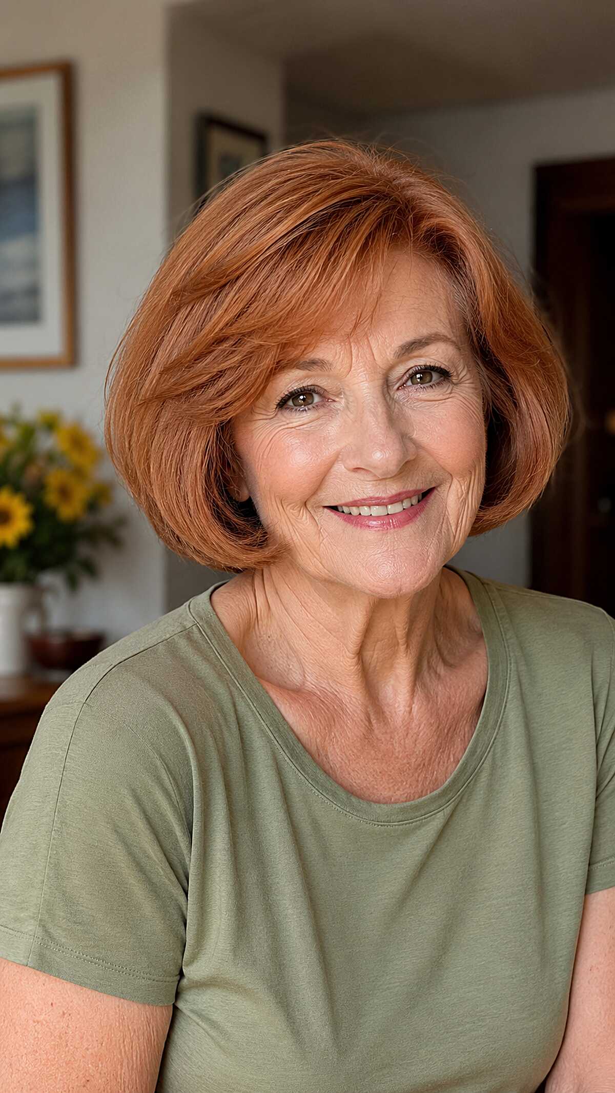 Copper ginger bob with swooping side bangs